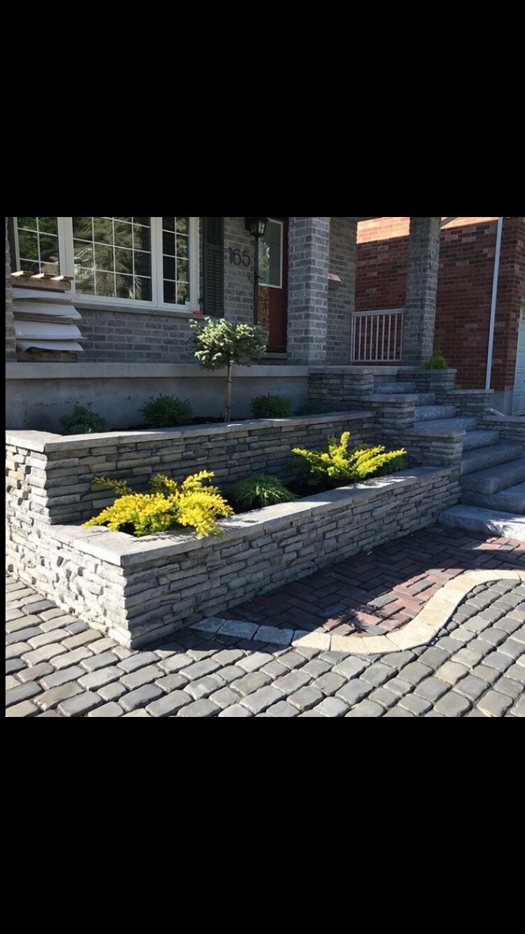 Stone retaining wall with plants and cobblestone walkway in front of a house.