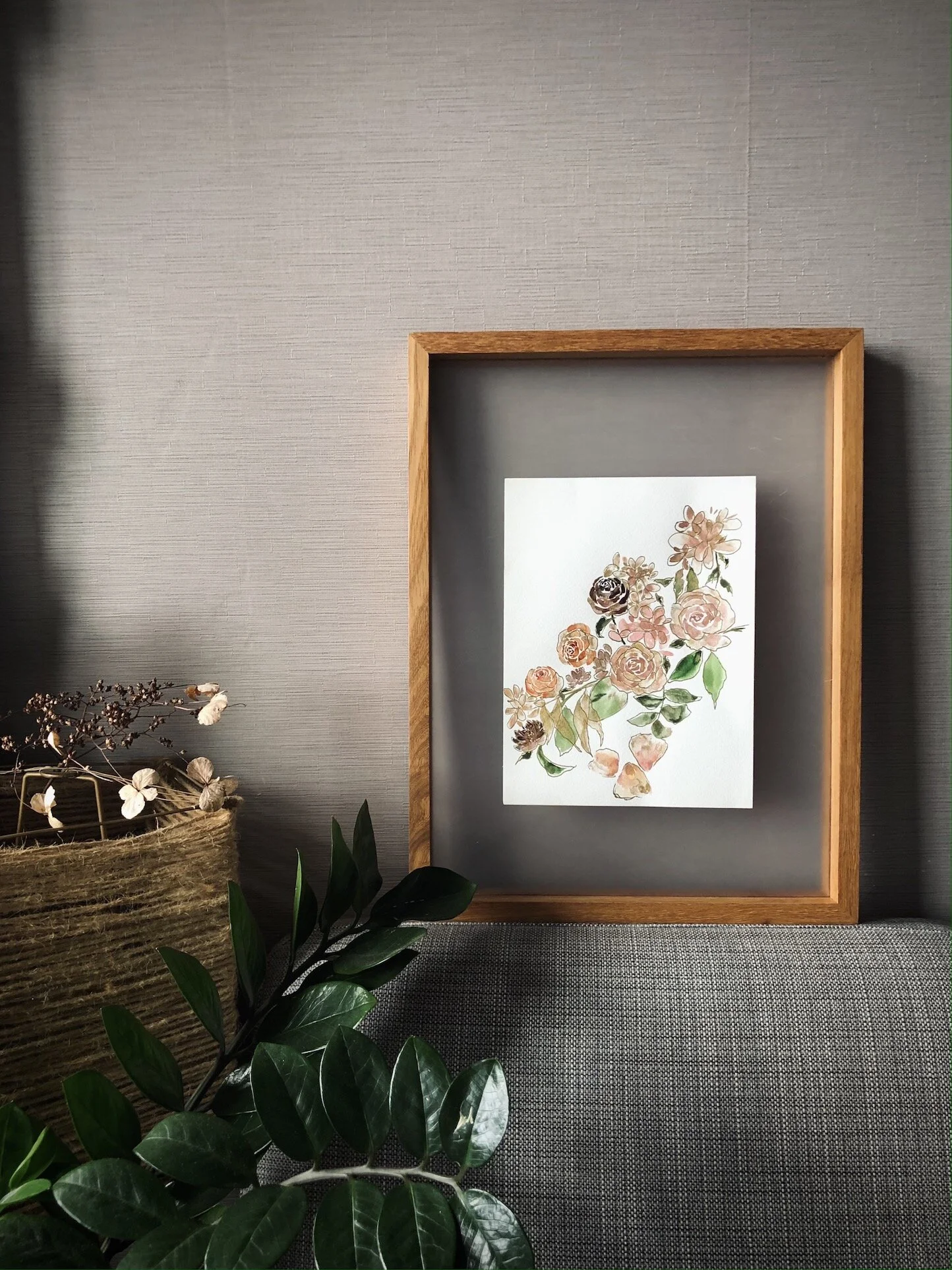 floral watercolor painting - garden walk  with frame