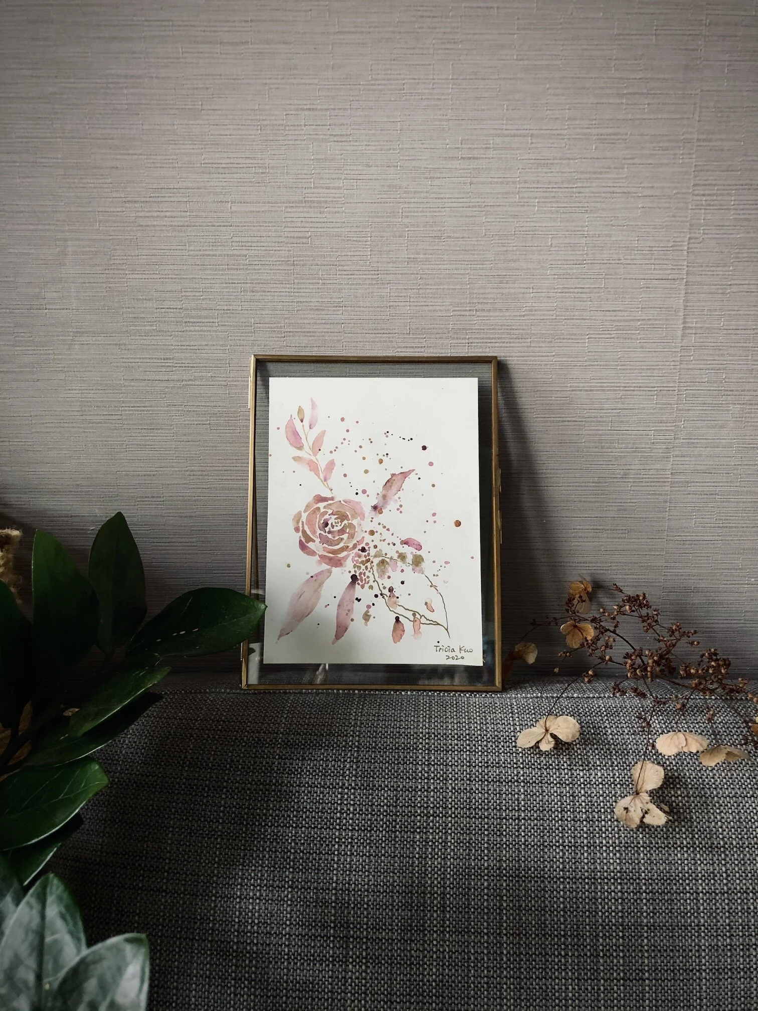 rose watercolor painting - rose gold frame