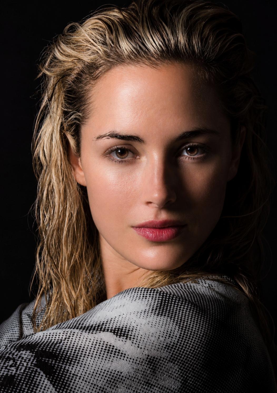 Close-up portrait of a young woman with wet, wavy blonde hair and brown eyes, wearing a black and white patterned top against a dark background.