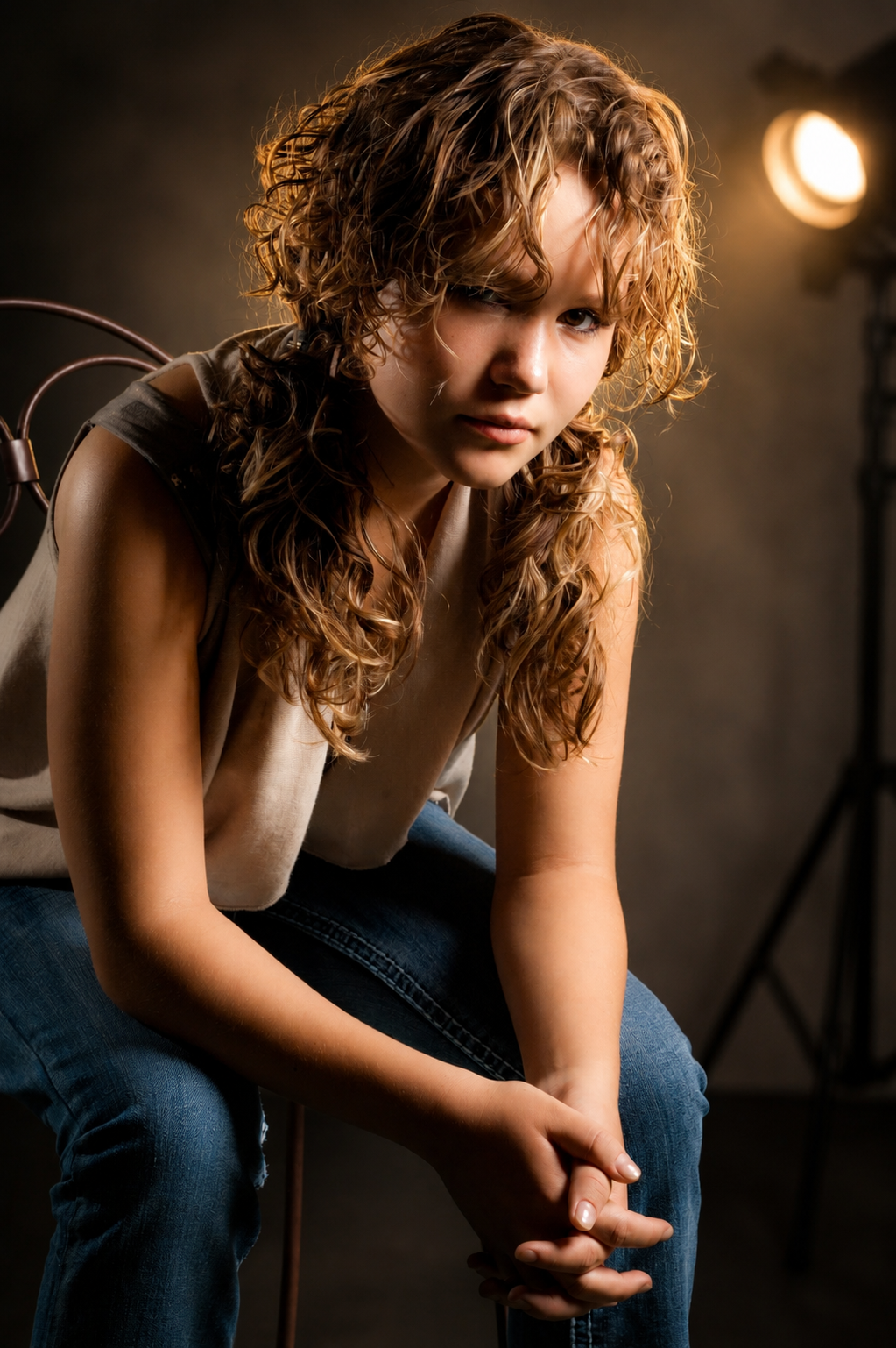 A young woman with curly red hair is sitting on a metal chair, looking intently at the camera. She is wearing a sleeveless top and jeans, with studio lighting in a dark setting.