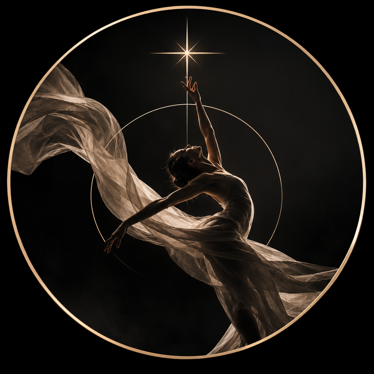 Silhouetted dancer in flowing gown performing a graceful pose with extended arm reaching towards a bright star, enclosed by a circular frame with concentric rings and a dark background.
