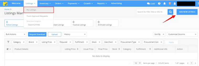 Flipkart seller dashboard — My Listings section to add new product listing