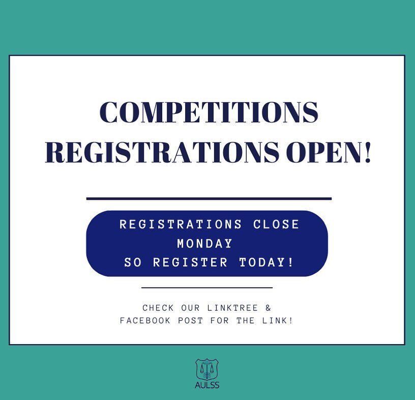 👩&zwj;⚖️🏆2023 COMPETITIONS REGISTRATION! 🏆👩&zwj;⚖️&nbsp;
&nbsp;
&nbsp;
Welcome back to all of our Law Students. It is that time of year again!&nbsp;&nbsp;This year we are offering a wide range of competitions that we&rsquo;d love for you to take 