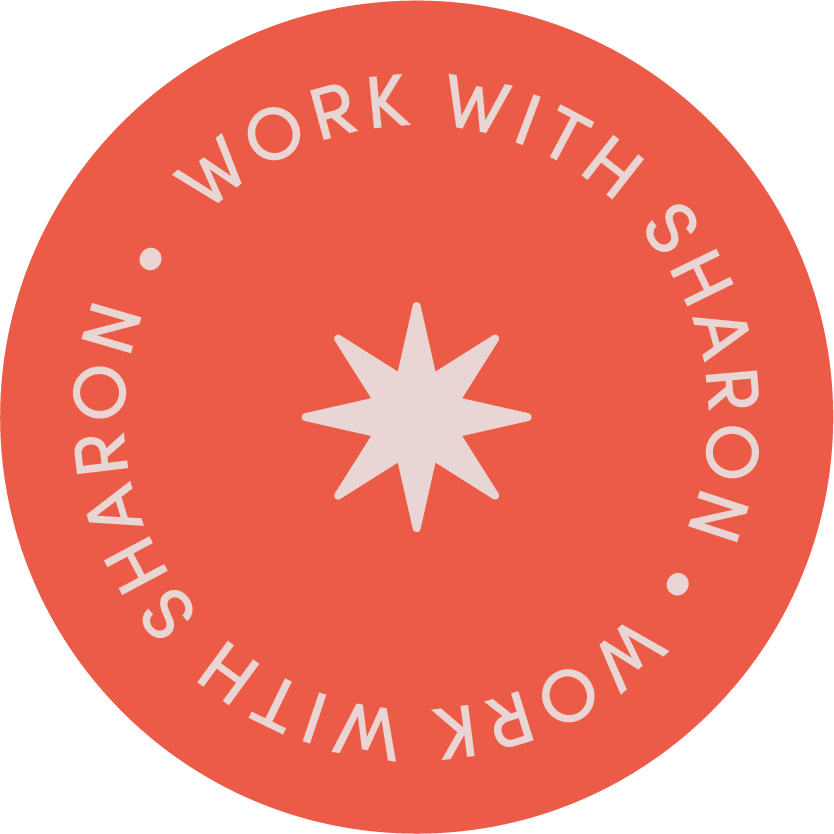 A badge graphic that reads 'Work With Sharon'