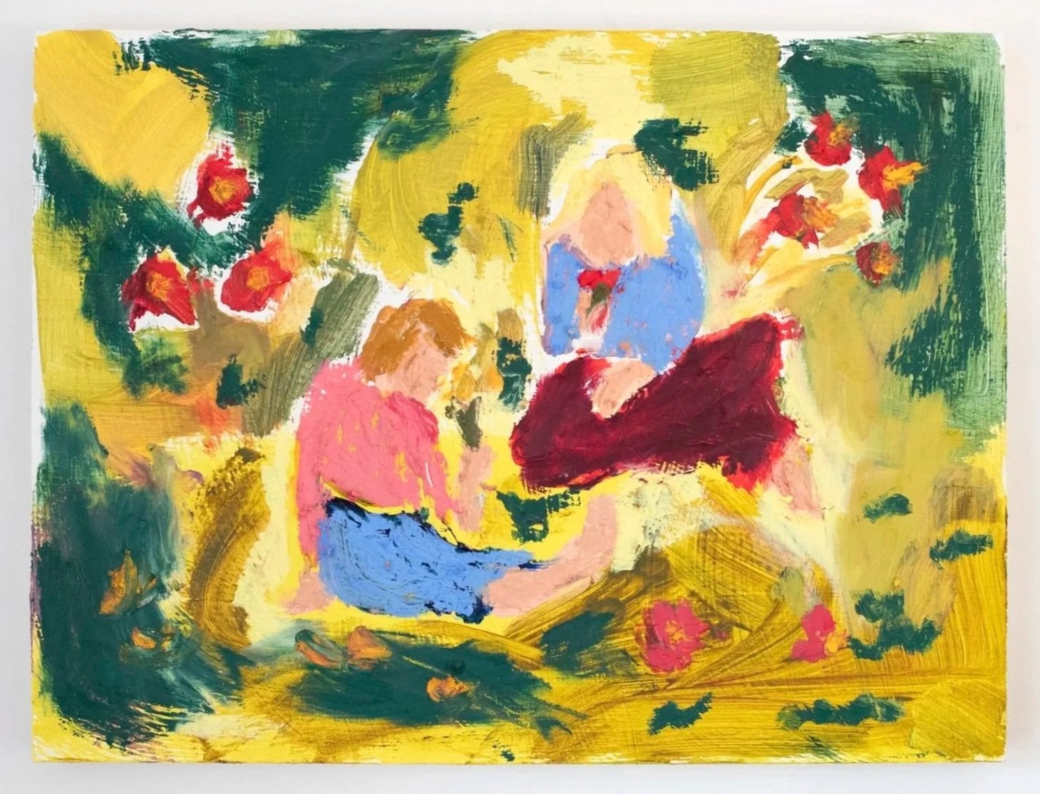 Two Children Between Flowers (After Maria Franck-Marc) 2024, Oil and oil pastel on board, 41x31 cm