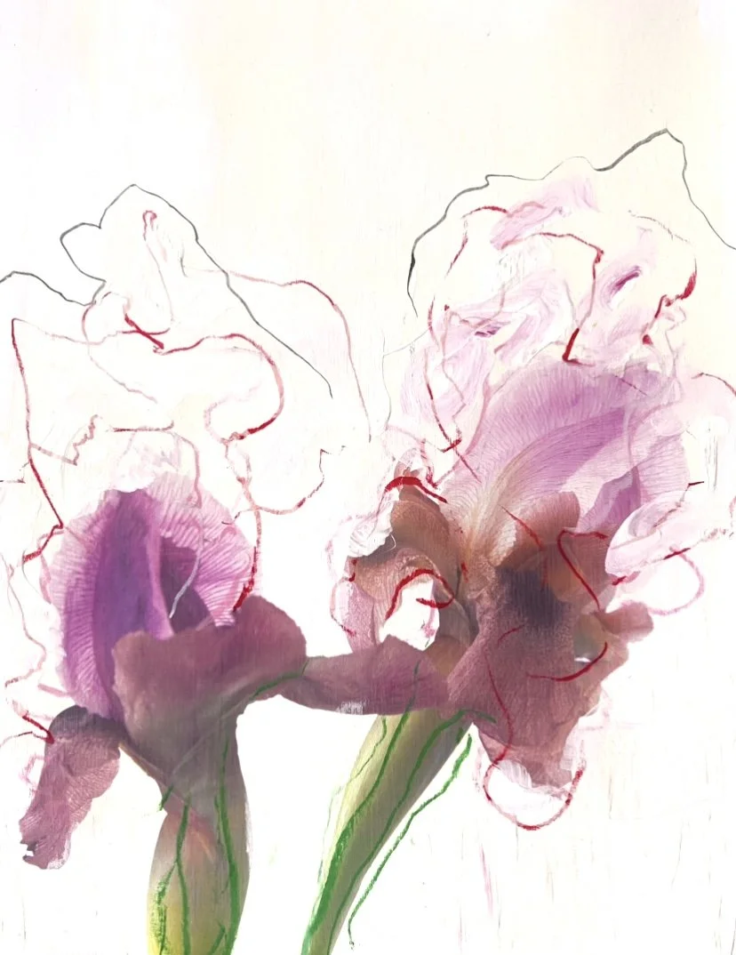 Abstracte bloemen in pastelkleuren met penseelstreken en lijnen. Een kunstwerk in gemengde techniek van Anna de Leeuw.