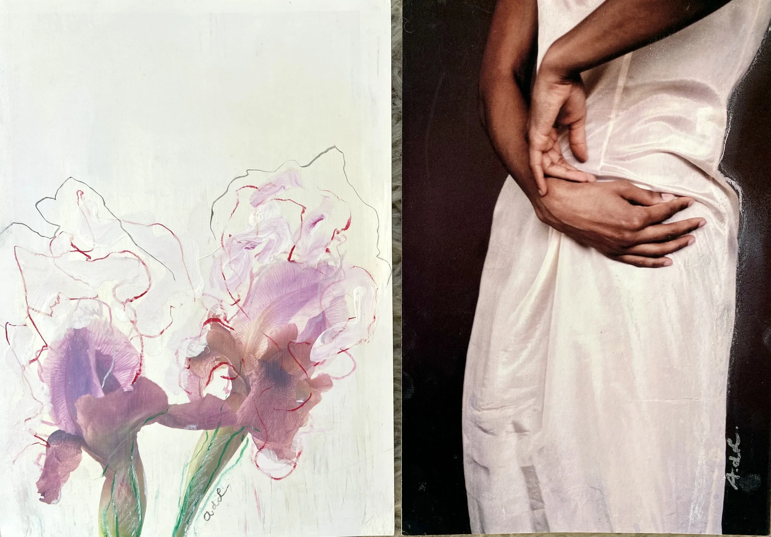 Een schets van een bloemenbloem met pastelkleuren en abrupte lijnen, plus een detail van een persoon die een jurk aantrekt of bewondert, met de handen die de jurk vasthouden. Een kunstwerk van Anna de Leeuw.