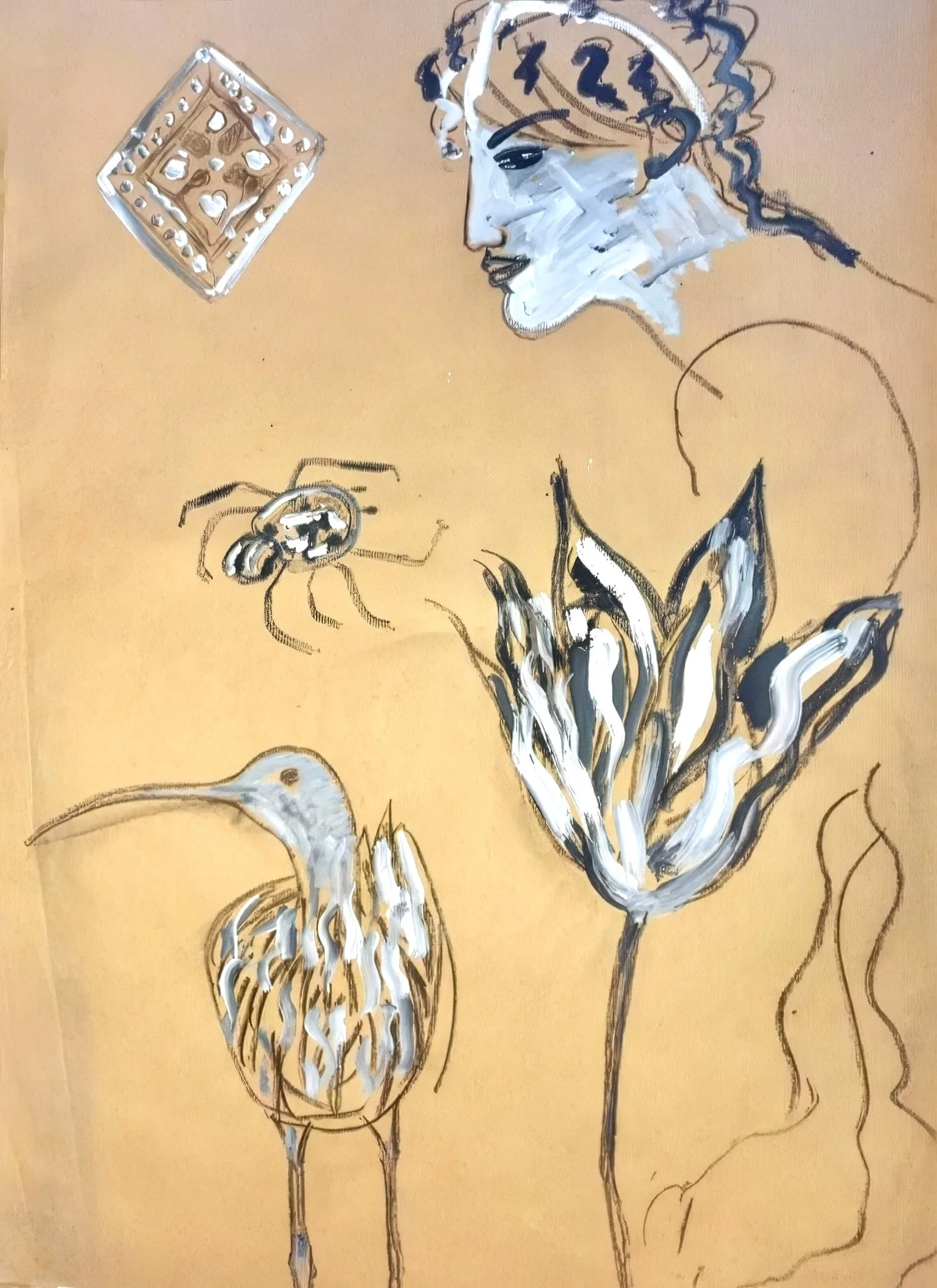 Grafische tekening door Anna de Leeuw van een vrouw met bloemen, met wit en blauw schildertechniek, op een beige achtergrond.