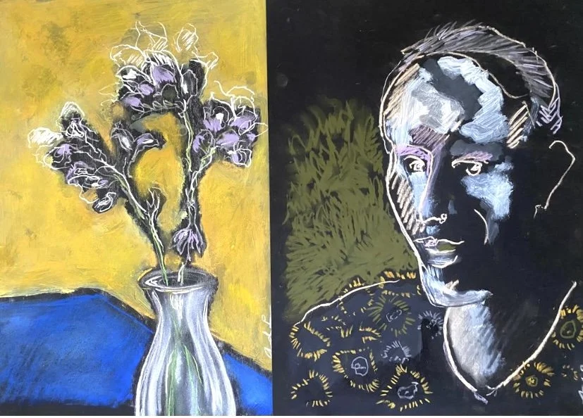 Een schetsachtige tekening van de hand van Anna de Leeuw met een vaas met bloemen aan de linkerkant, en een portret van een vrouw aan de rechterkant, beide met kunstzinnige schetslijnen en felle kleuren. 
