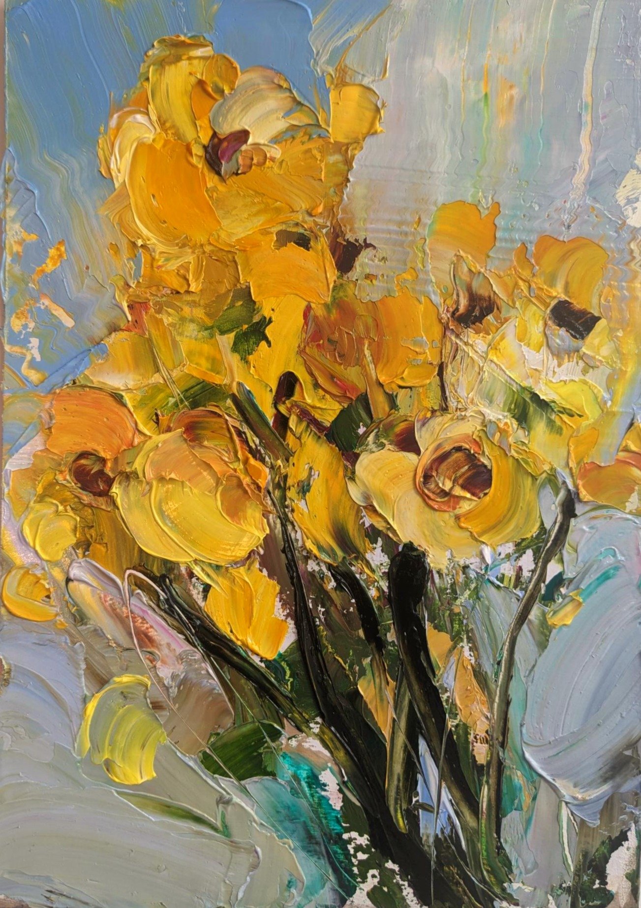 Flowers in the sun. Oil on Gesso. 30cm x 22cm.
