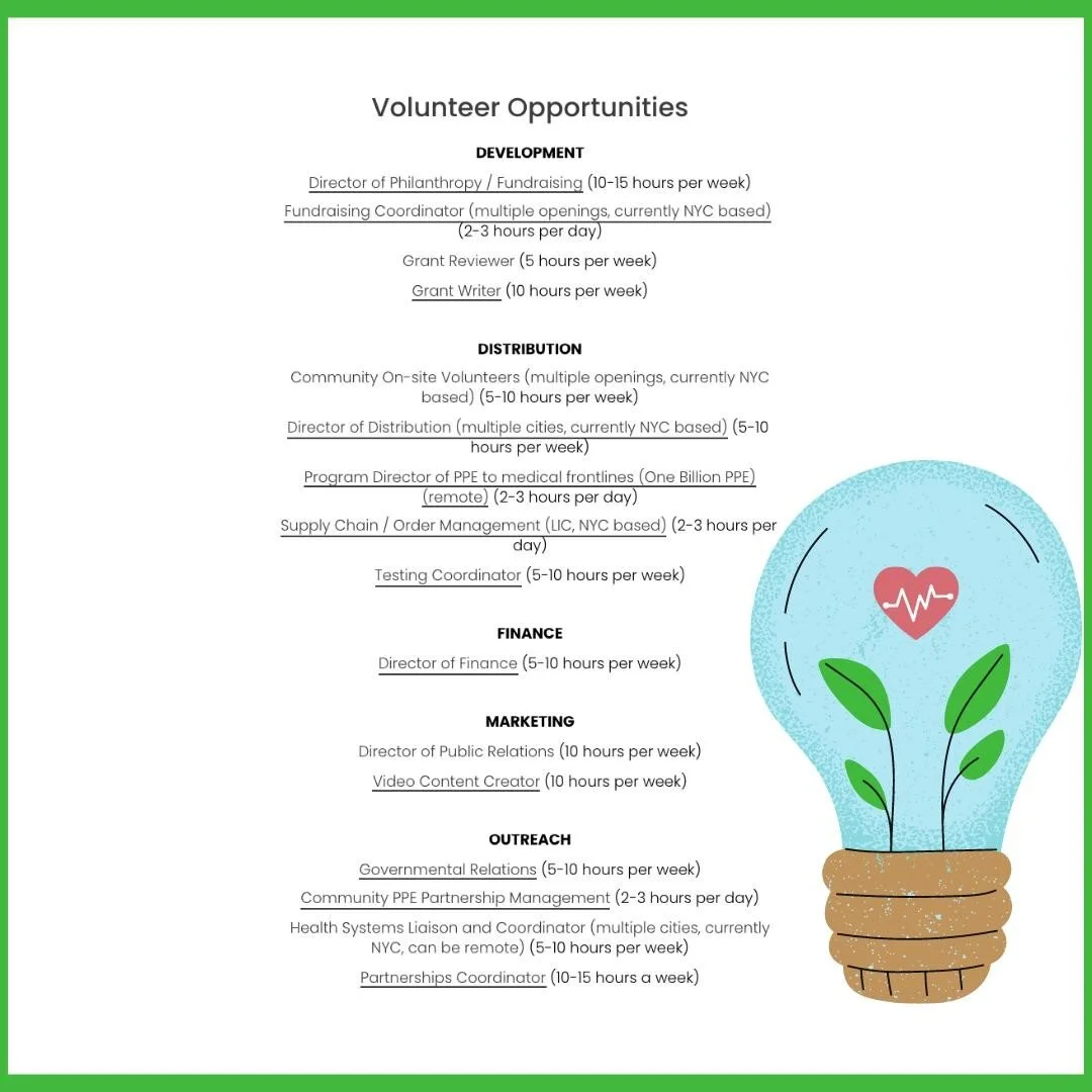 Our completely volunteer run team is looking to grow! Our mission at the COVID foundation is to provide masks and PPE to frontline healthcare workers and communities across the U.S. such as NYC and Texas.  Learn more: https://www.covid.cm/opportunities