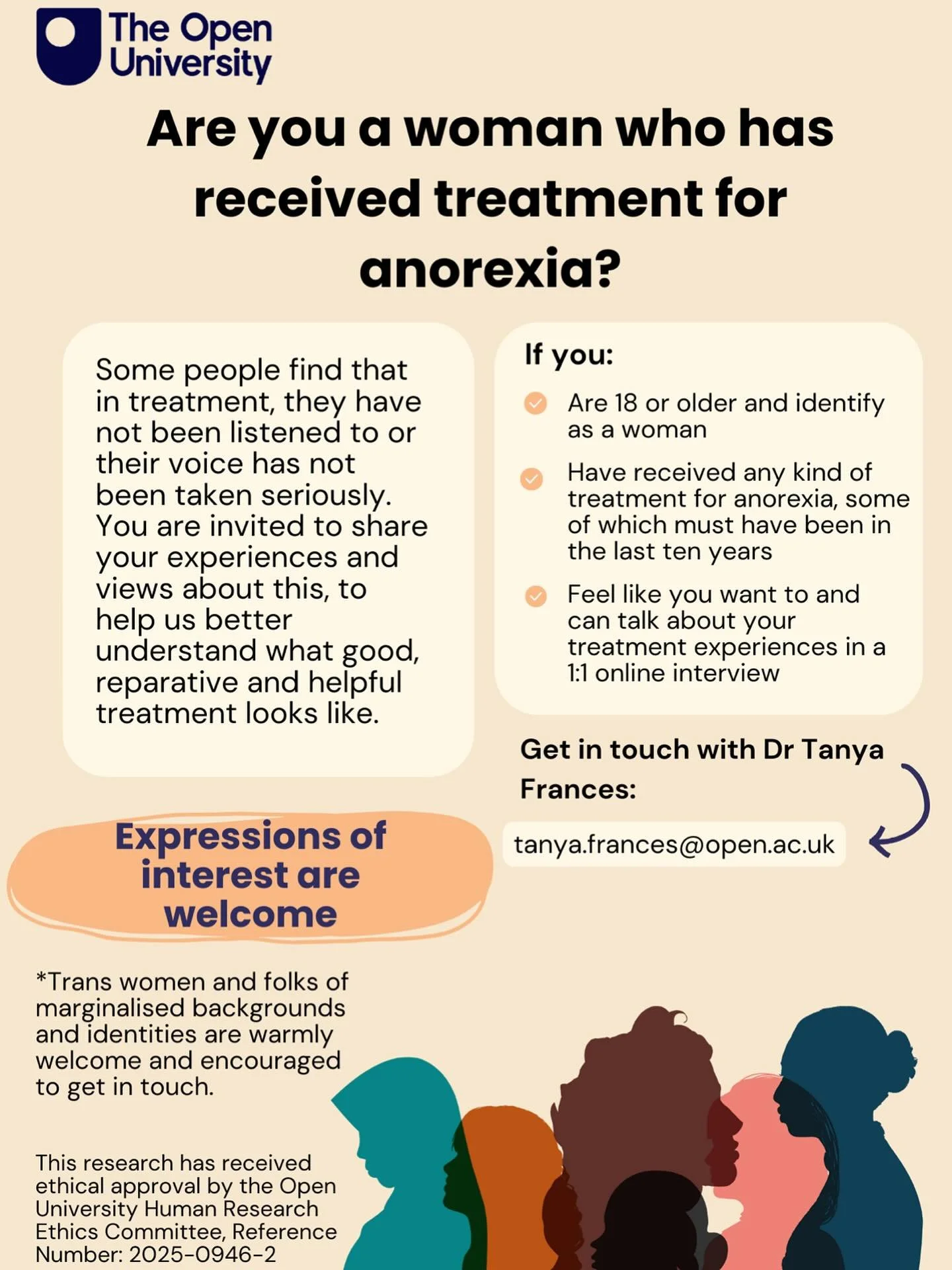 📣New study announcement 📣 

I&rsquo;m starting a new study where I&rsquo;d love to speak with women (anybody who identifies as a woman - trans women very warmly welcome) who have received treatment for anorexia.

I am interested in hearing about ex