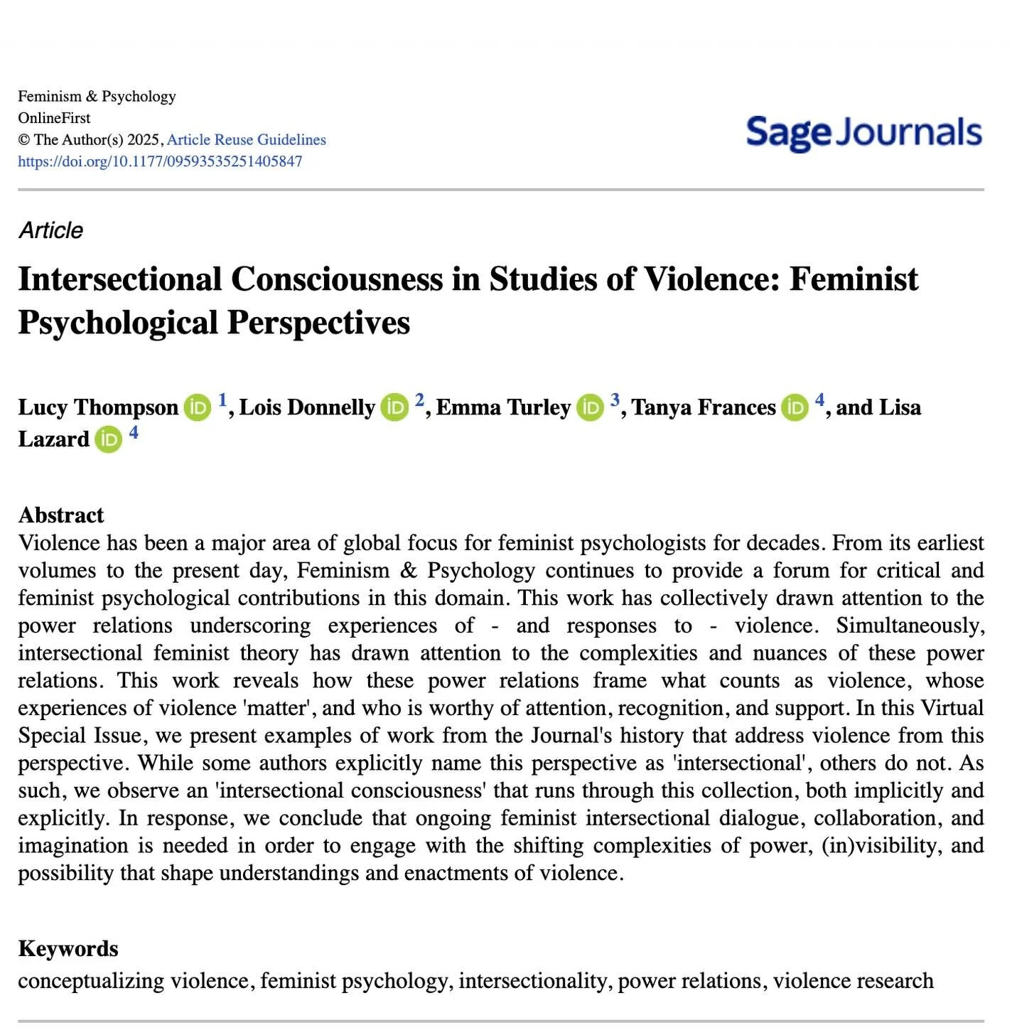New Virtual Special Issue from our Intersectional Violences Research Group out now in Feminism &amp; Psychology!

An honour to work alongside @dr_em_t , @drlucythompson , @2015lmlazard and Lois Donnelly. 

Violence is intersectional, and this collect