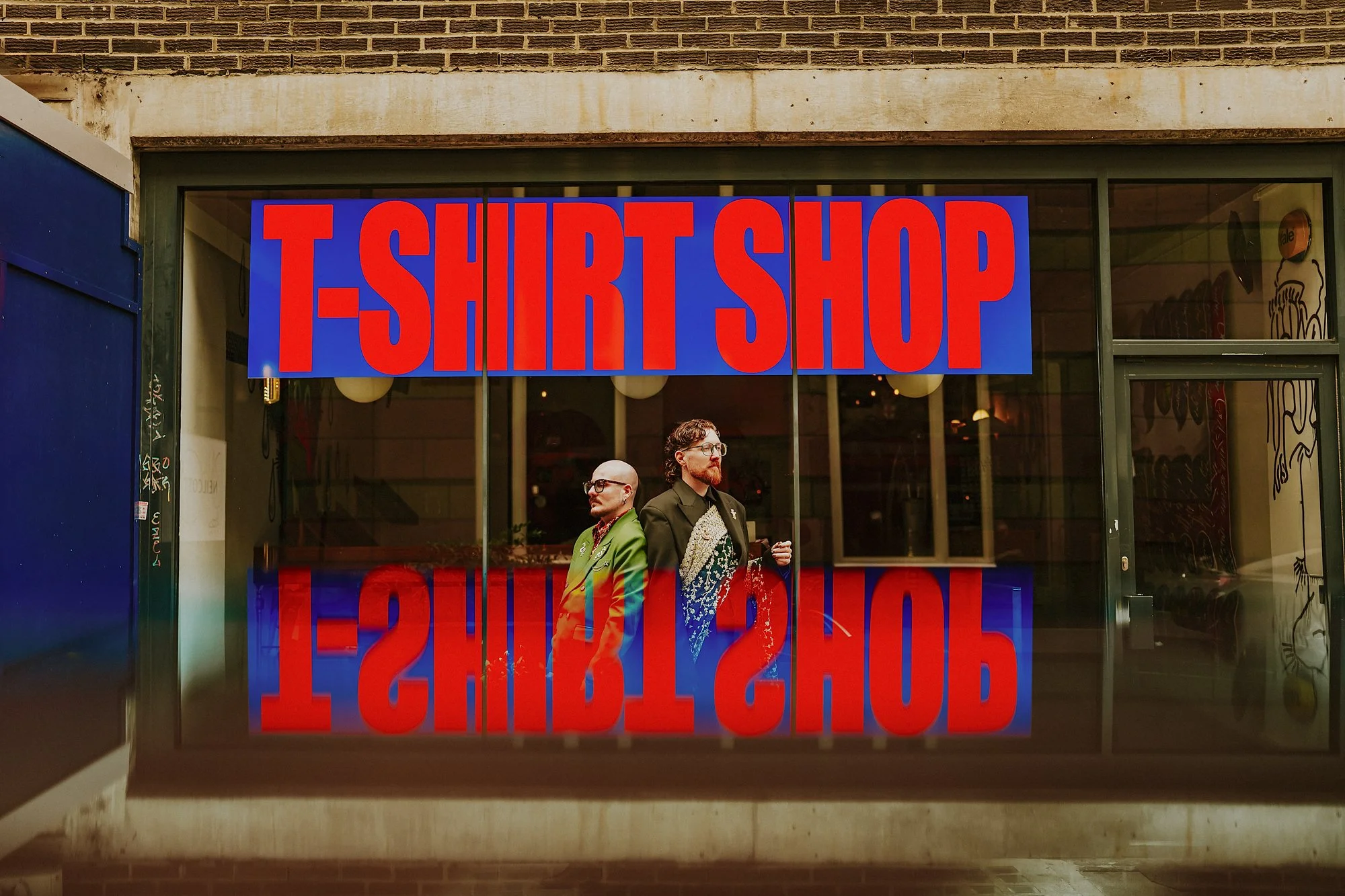A Same sex wedding in London. 70's disco witch meets alternative wedding photography outside a t shirt shop in central london.