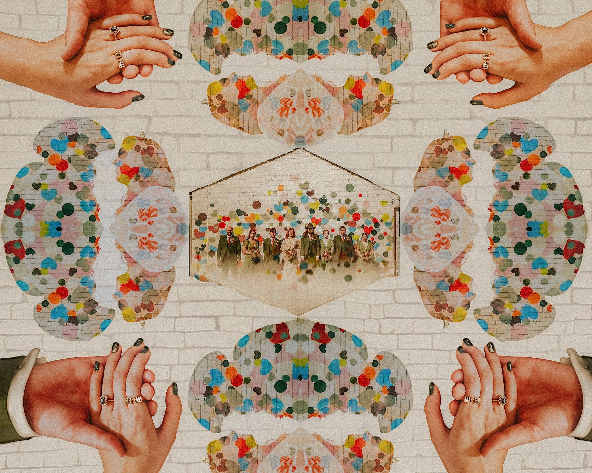 White Syke Fields wedding photography. Colourful walls, hands and double exposures blend in this creative wedding photo.