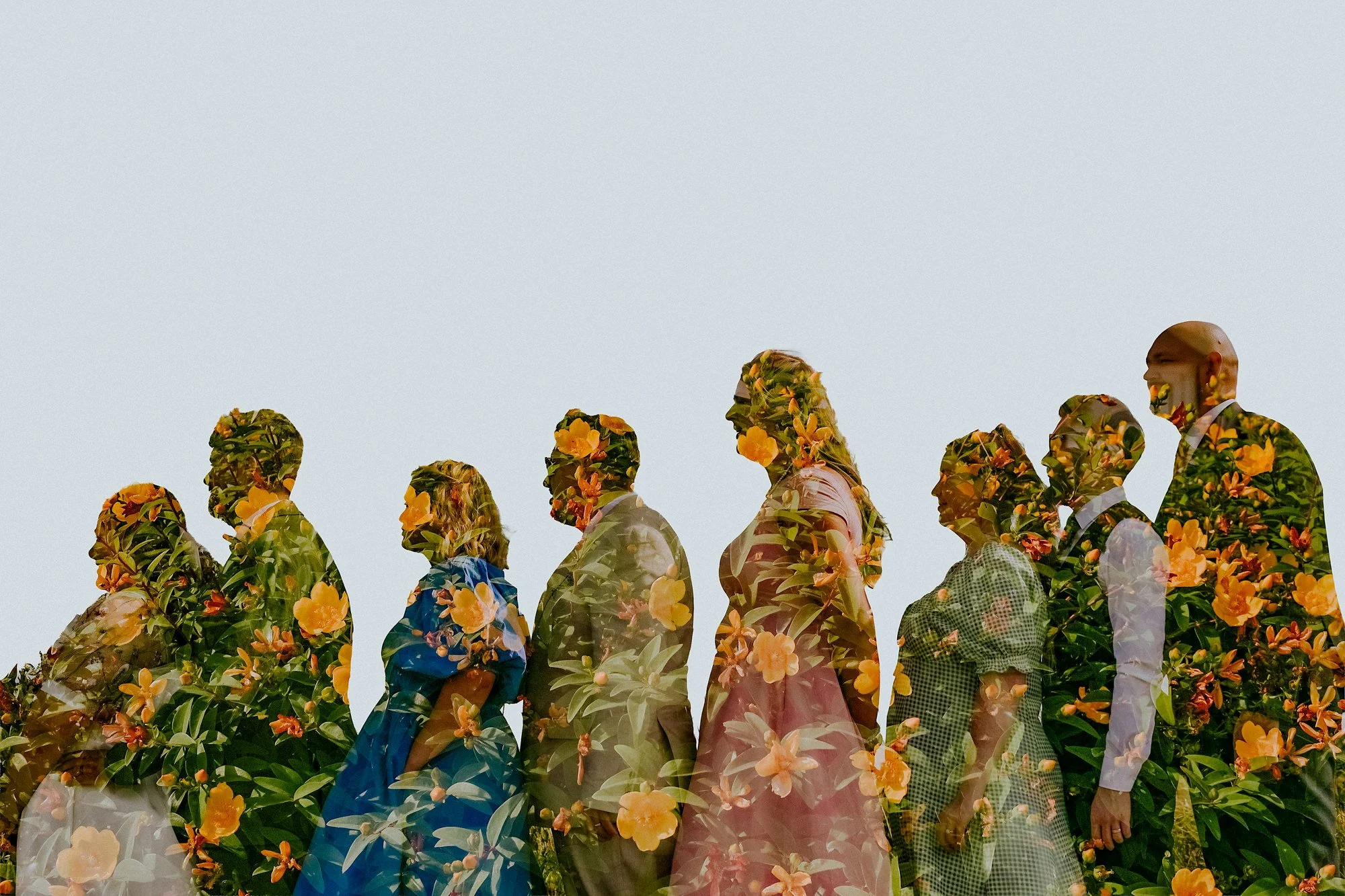 A creative Lincolnshire wedding photo of the Bridal party double exposed with yellow flowers.