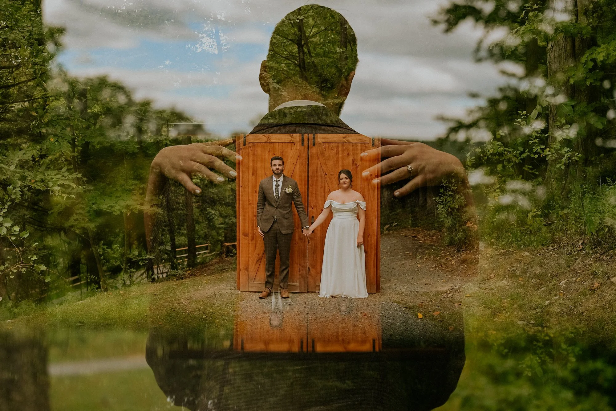 A double exposure of a bride and groom with a secret door in the woods at their Lake Bomoseen lodge wedding.
