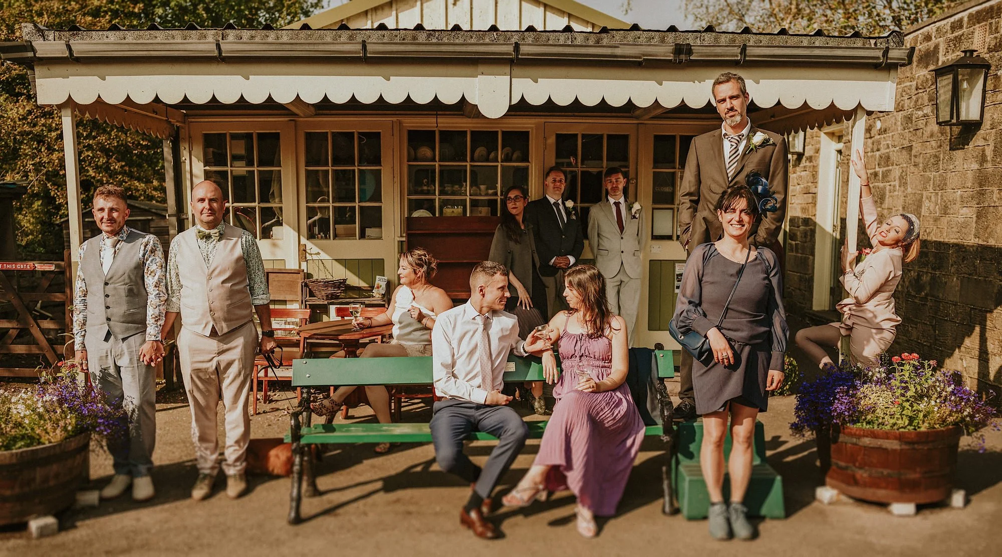 A quirky group photo outside the train station at bolton abbey.
