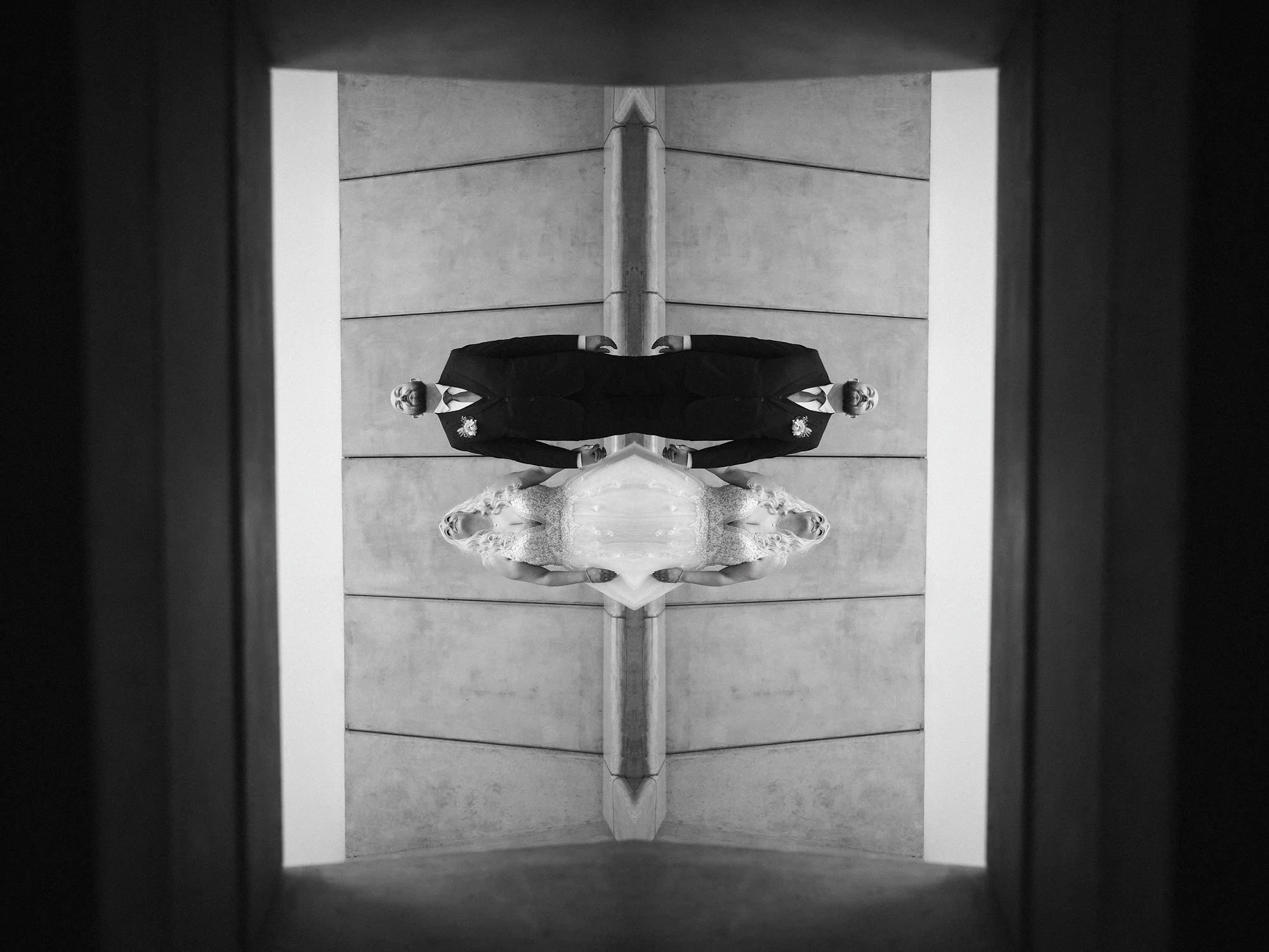 Black and white geometry in the deer shelter at Yorkshire sculpture park. Art meets love in wedding photos.