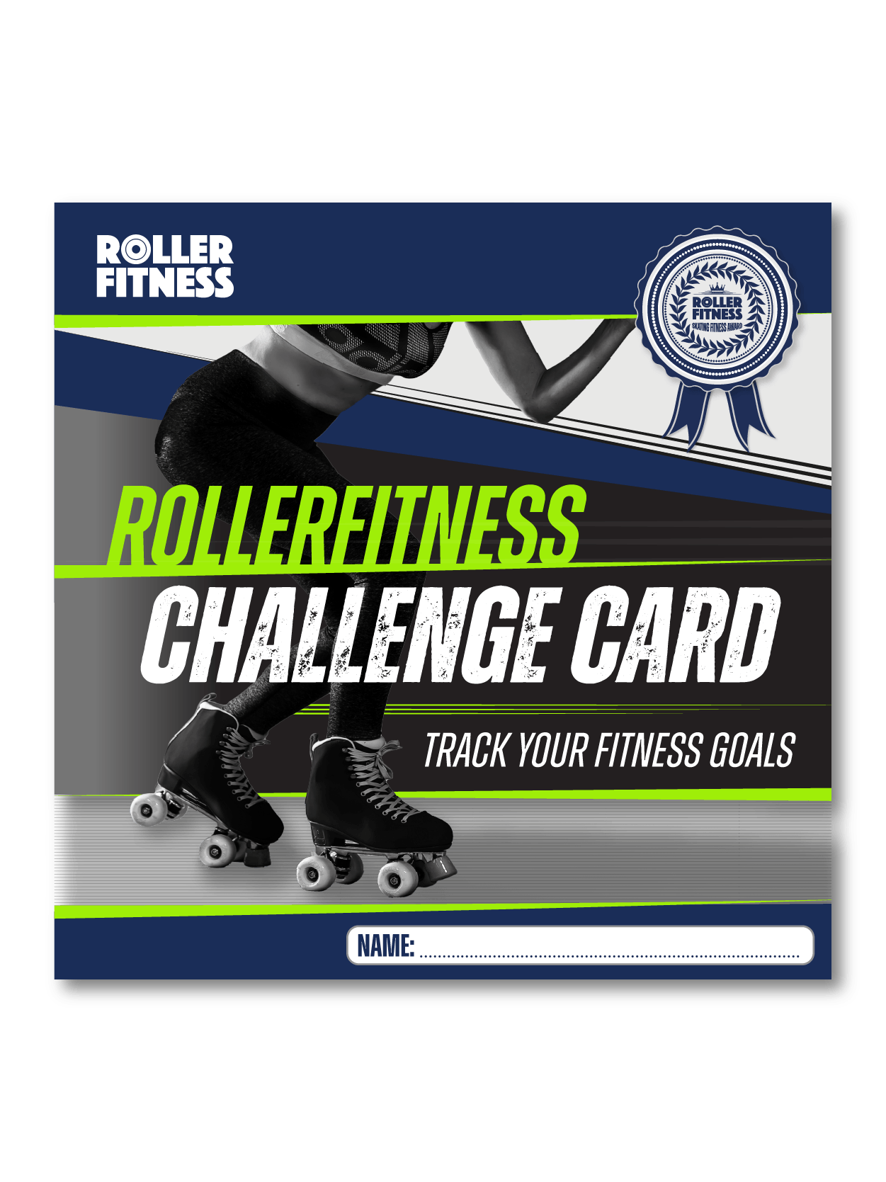 Roller Fitness Challenge Card with a woman roller skating and a blue and green color scheme.