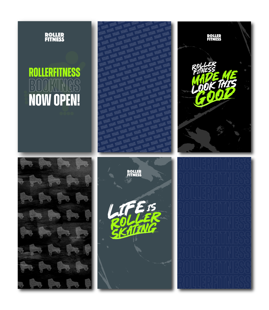 Collection of promotional cards for Roller Fitness, featuring text about bookings opening, fitness achievements, and skating lifestyle, with various roller skate patterns and branding.