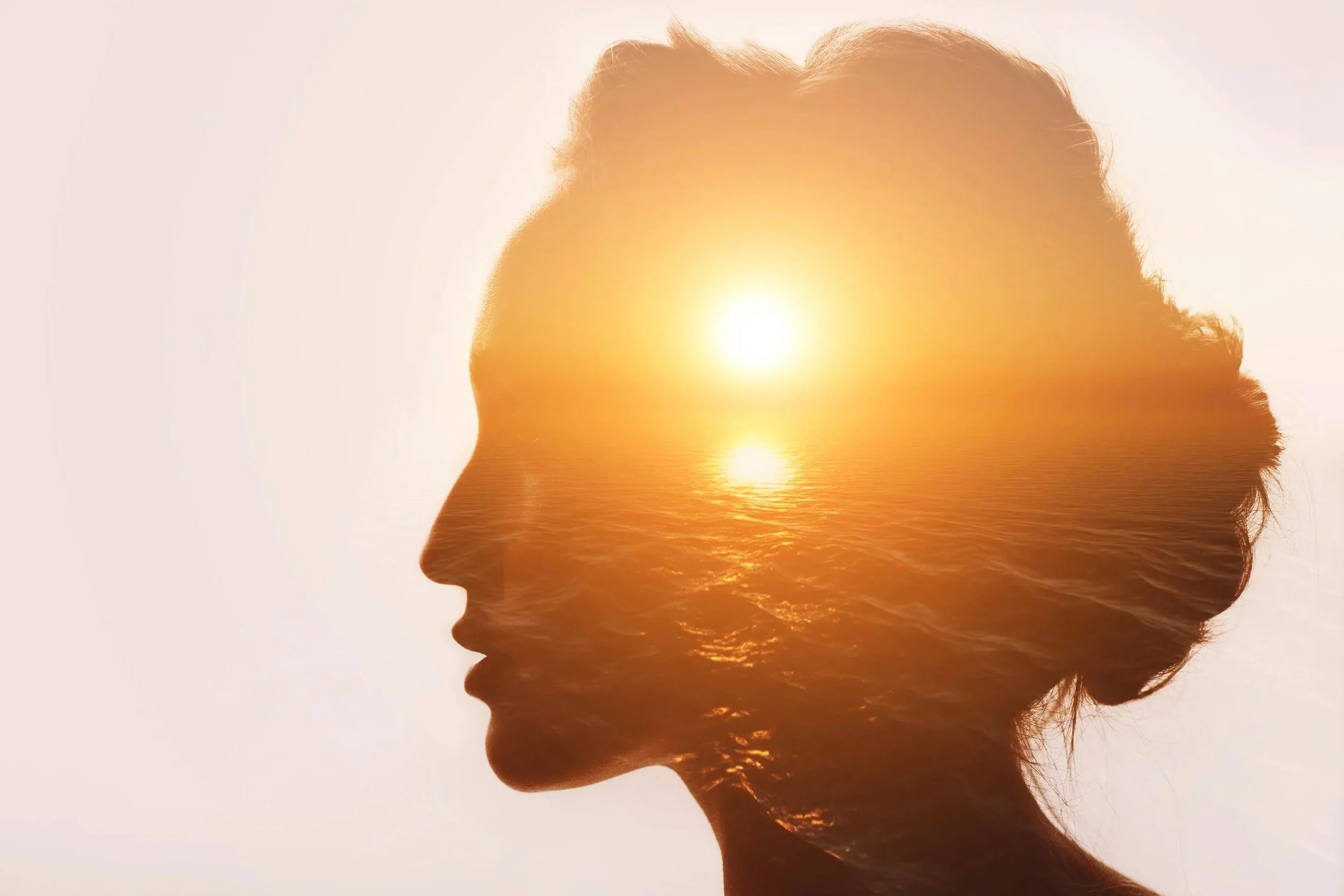 Silhouette of a woman's profile with a sunset reflection over her face and hair.