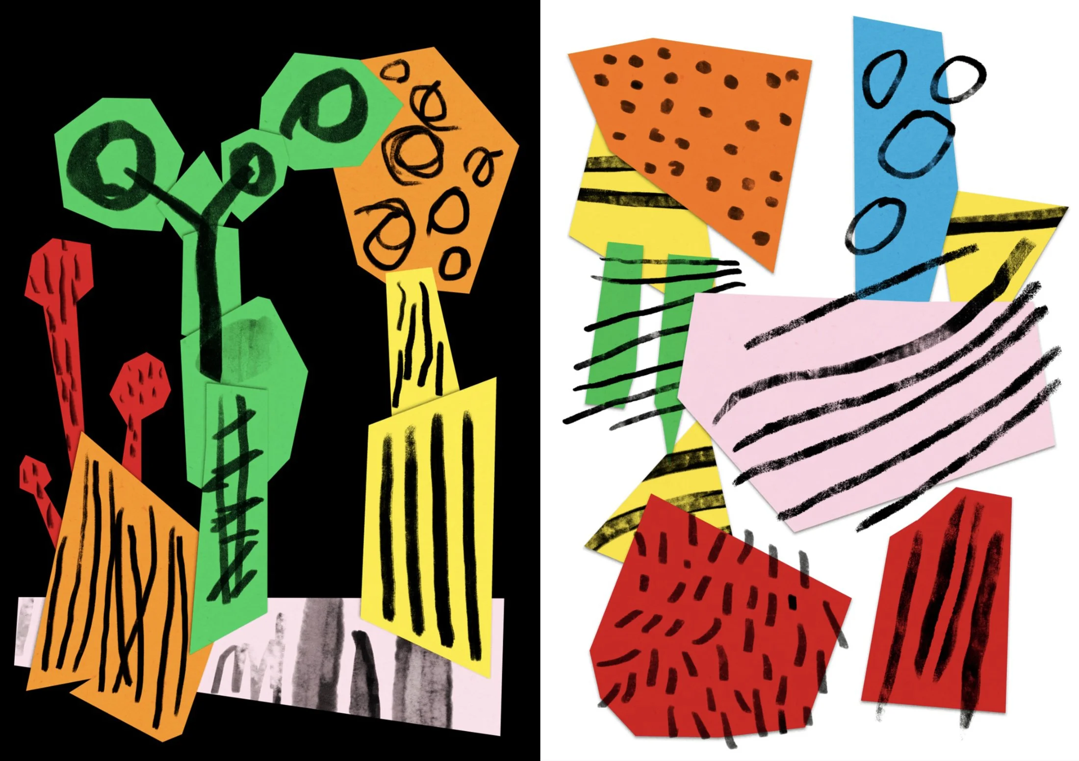 Two abstract, colorful collage artworks featuring geometric shapes, stylized trees, and patterns on paper cutouts.