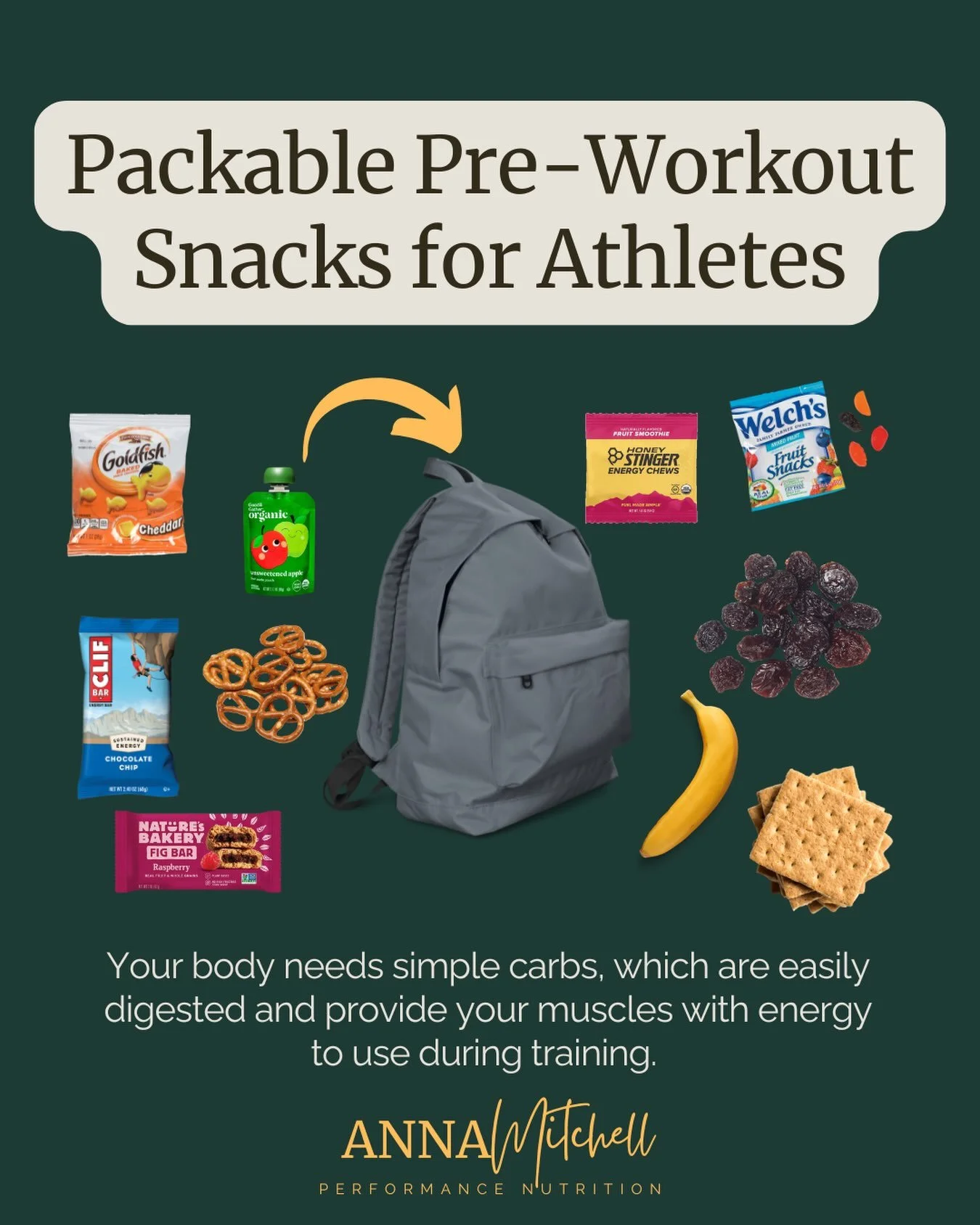 Backpack fuel check 🎒🍌

Simple carbs are your best friend before training: quick to digest, quick to turn into energy for your muscles. Don&rsquo;t overcomplicate it...pretzels, crackers, dried fruit, a banana, or energy chews all get the job done.