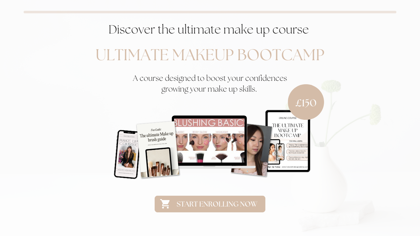 Website promoting an ultimate makeup bootcamp course, featuring digital devices showing makeup tutorials, guides, and lessons with a price of 150 pounds and a 'Start Enrolling Now' button.
