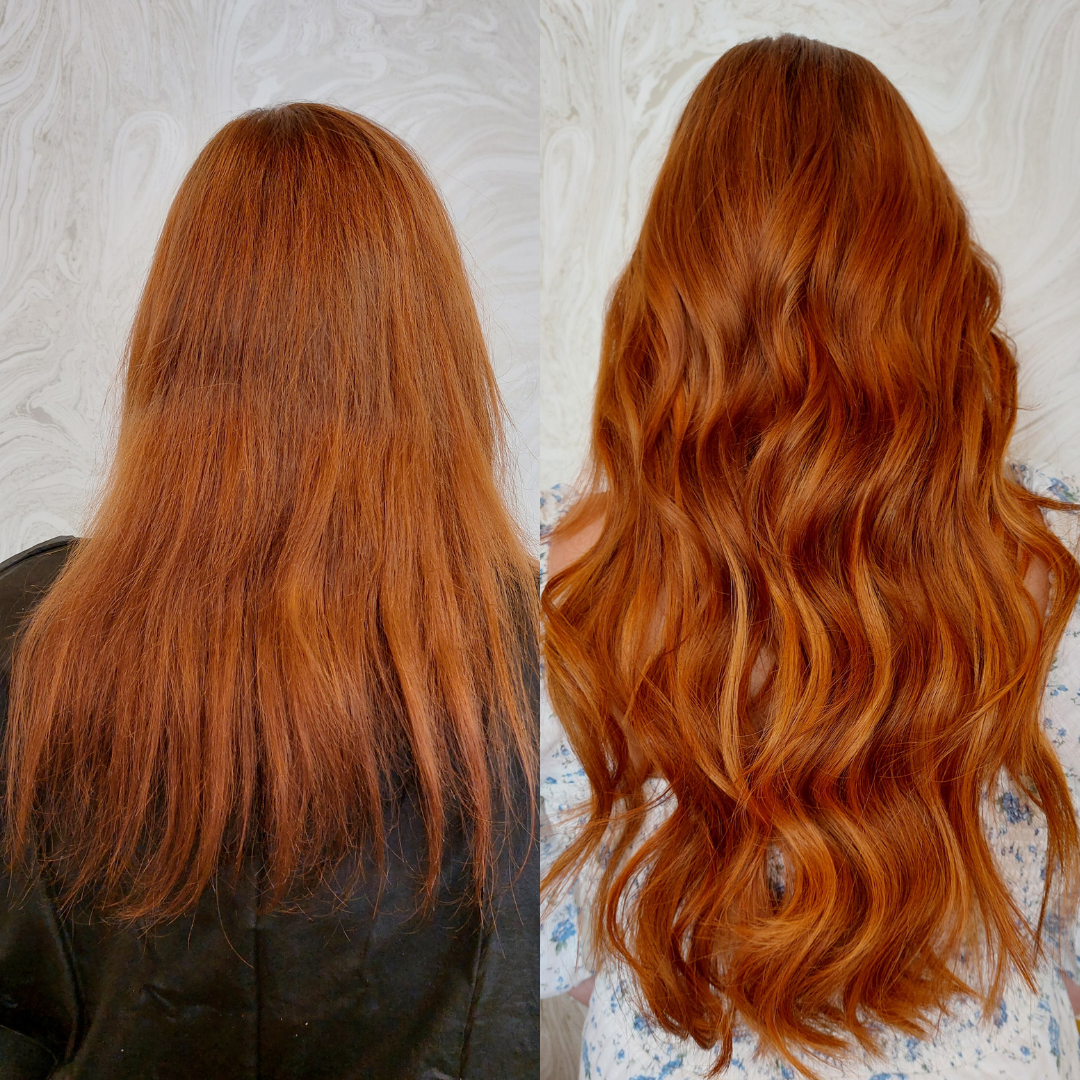 Comparison of a woman's hair before and after styling, showing straight, dull hair on the left and voluminous, wavy hair on the right.