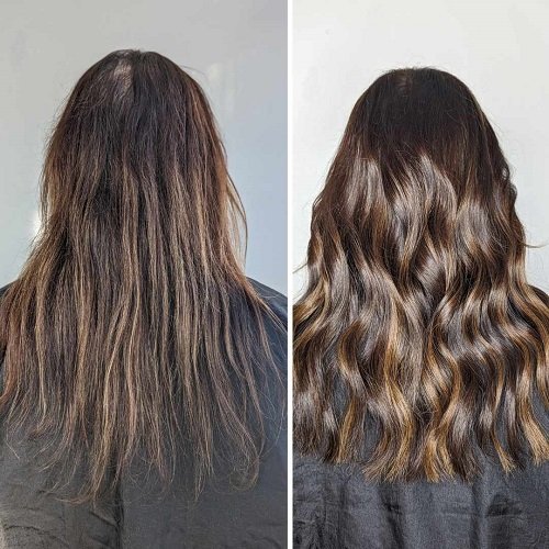 Side-by-side comparison of a woman's hair before and after hair treatment. The 'before' shows straight, slightly frizzy hair, and the 'after' shows shiny, wavy hair with enhanced volume.