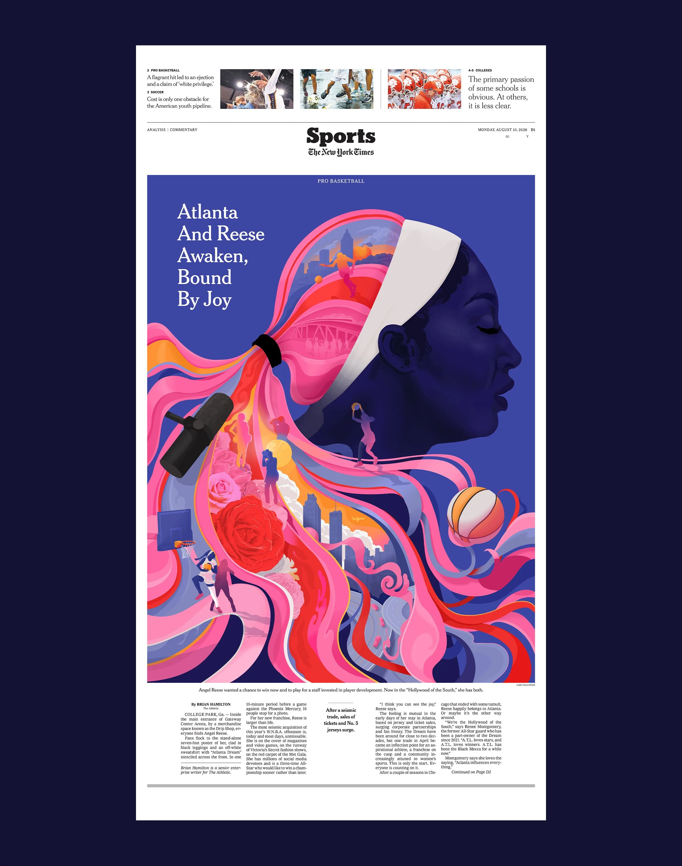 A stylised conceptual portrait illustration of the WBNA player and celebrity Angel Reese in print for The New York Times