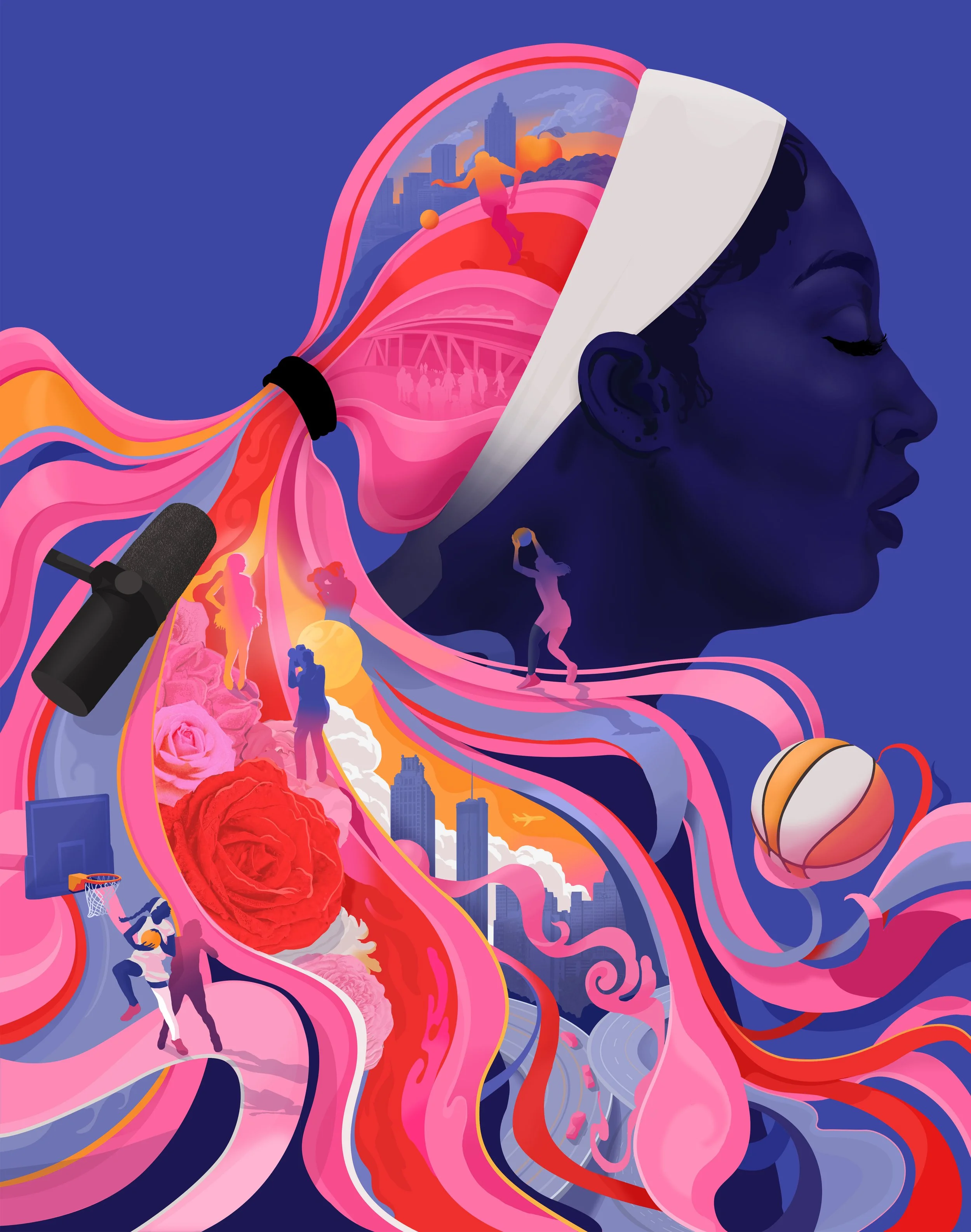 A stylised conceptual portrait illustration of the WBNA player and celebrity Angel Reese for The New York Times