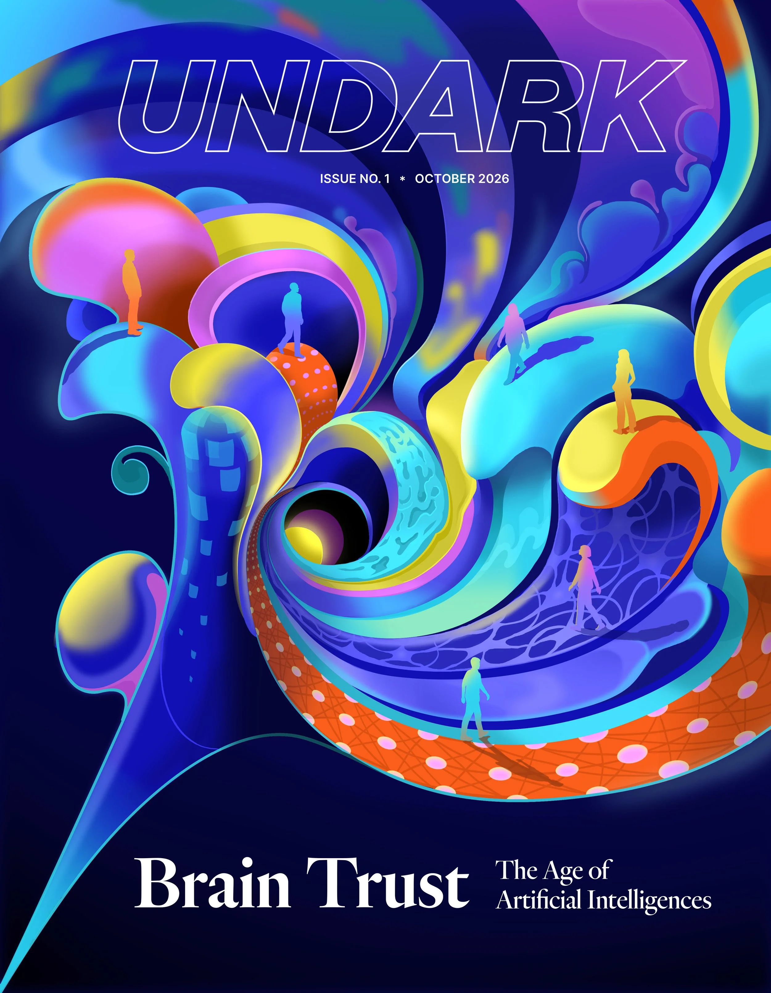 A conceptual science illustration for the cover of Undark magazine, brain trus: the age of artificial intelligences.
