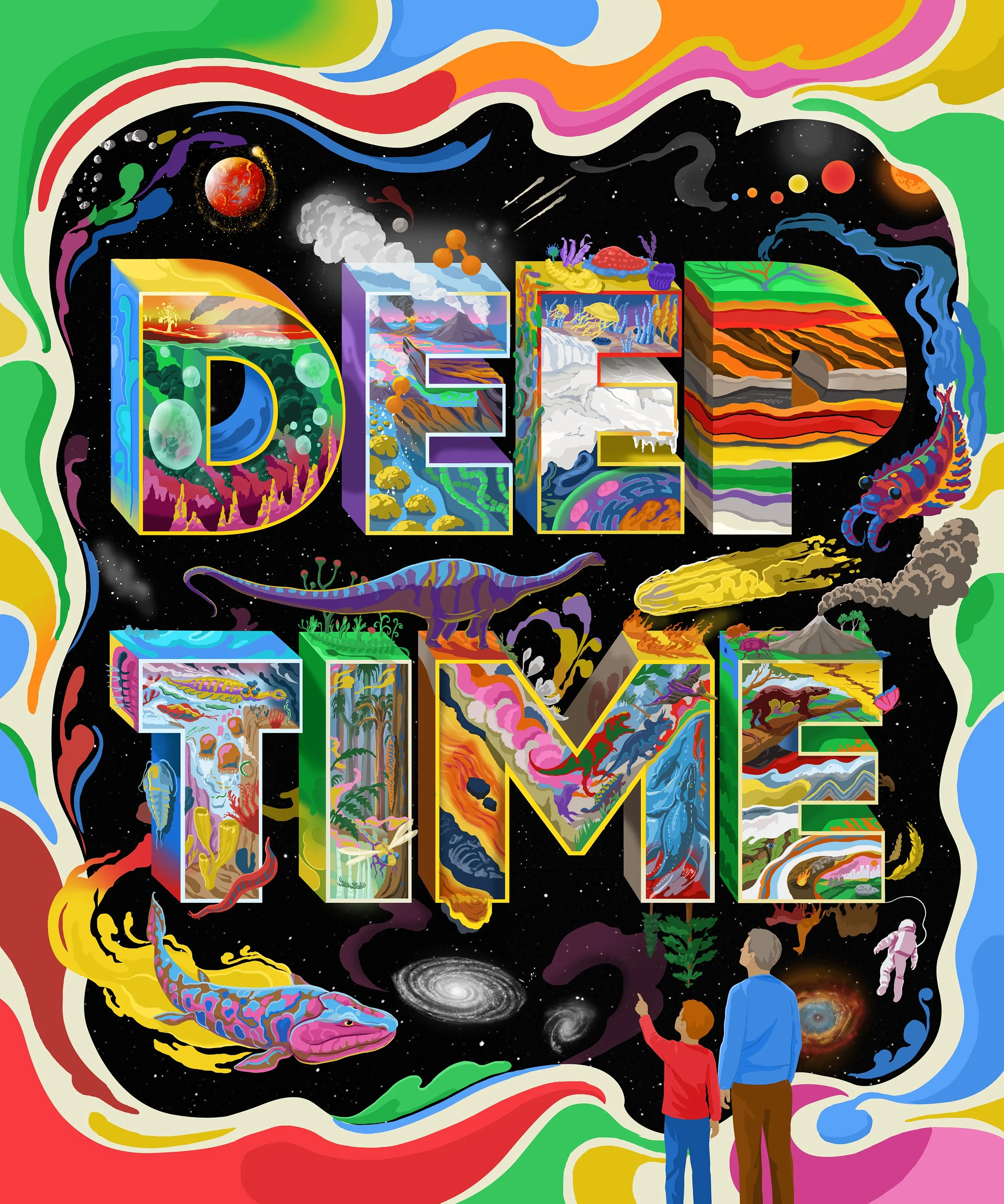 A conceptual typographic illustration on the topic of deep time and natural history for science museum advertising 