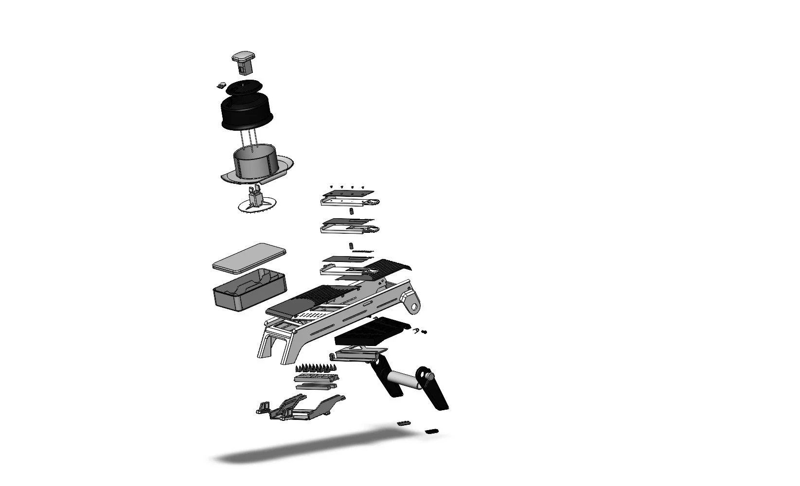 An exploded view of the multifunctional made for TV slicer