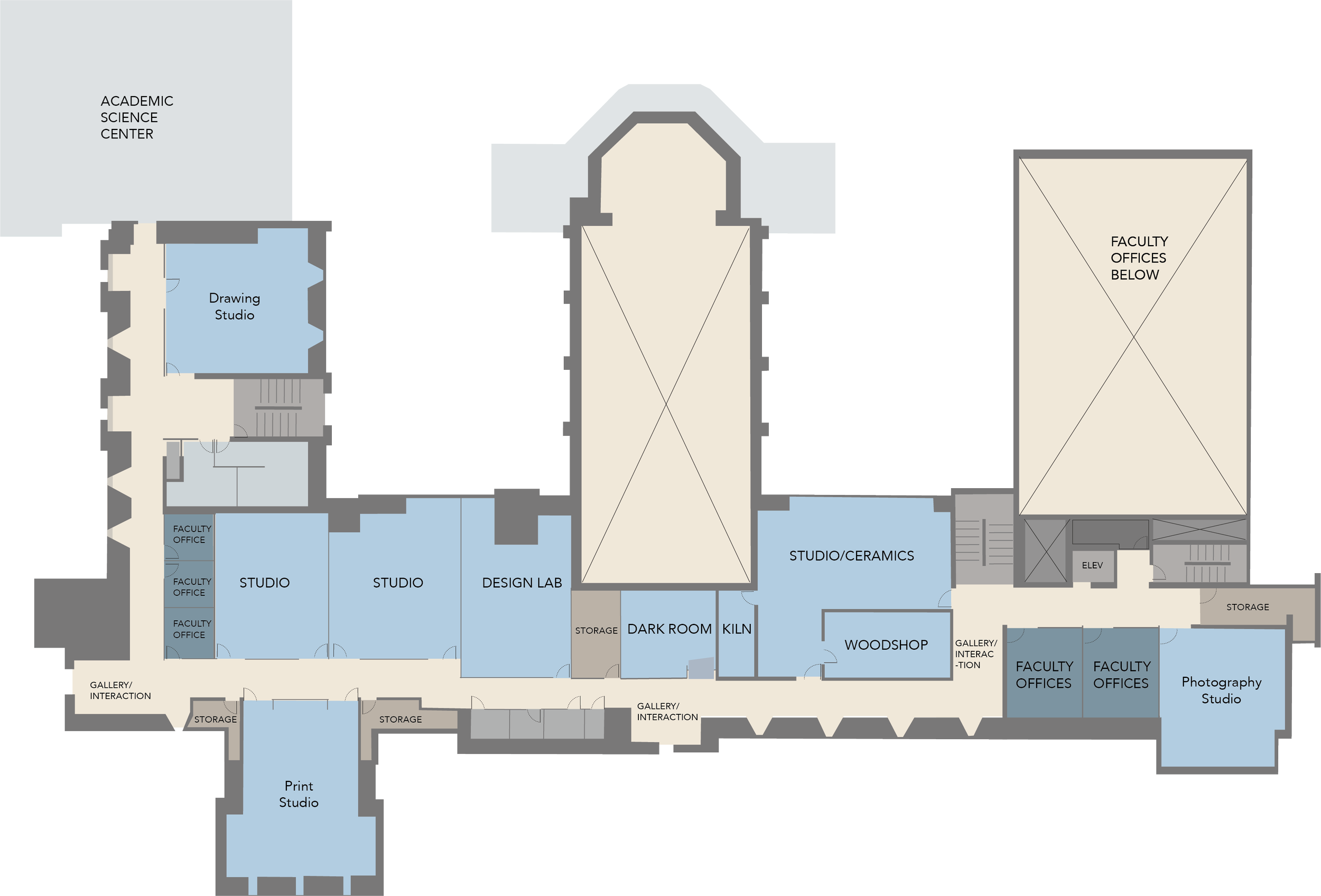 Detailed floor plan of an academic building showing various studios, labs, offices, storage rooms, galleries, and other facilities, with labeled areas including Drawing Studio, Design Lab, Studio/Ceramics, Photography Studio, Print Studio, Faculty Offices, and more.