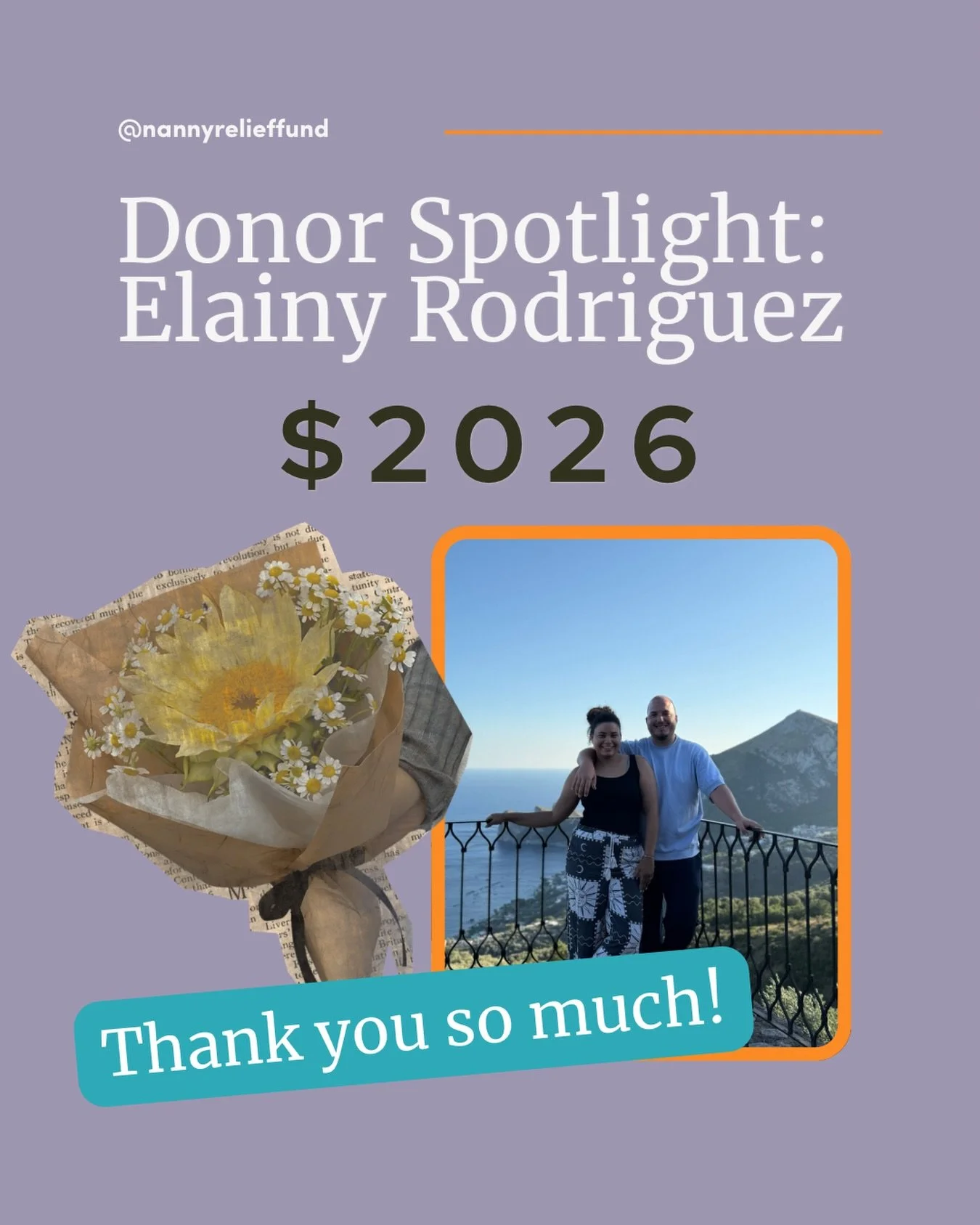 A special shoutout to Elainy!

She and her husband generously donated $2,026 to Nanny Relief Fund in celebration of our president being named Nanny of the Year.

Beyond this overwhelming gift, Elainy has played a key role in strengthening the NRF + I