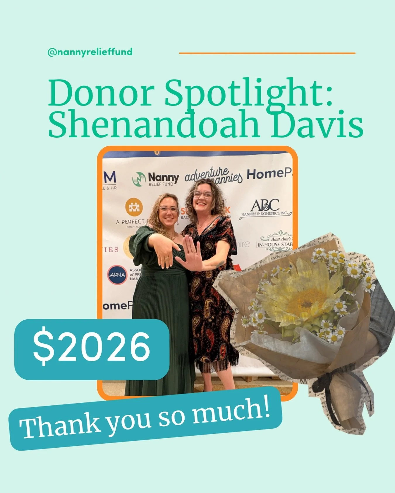 The generosity continues! 🎉

After Elainy and her husband made a meaningful $2,026 donation in honor of our President being named Nanny of the Year, Shenandoah of Adventure Nannies&mdash;one of our founding board members, agency CEO, and leader in t
