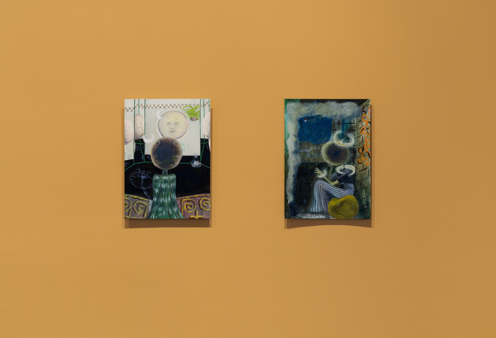  Left: Alison Yip,  Most of the Story,  oil on wood, 2019. Courtesy of the artist and Monte Clark Gallery.   Right: Alison Yip,  The Residency , oil on wood, 2019. Courtesy of the artist and Monte Clark Gallery.   