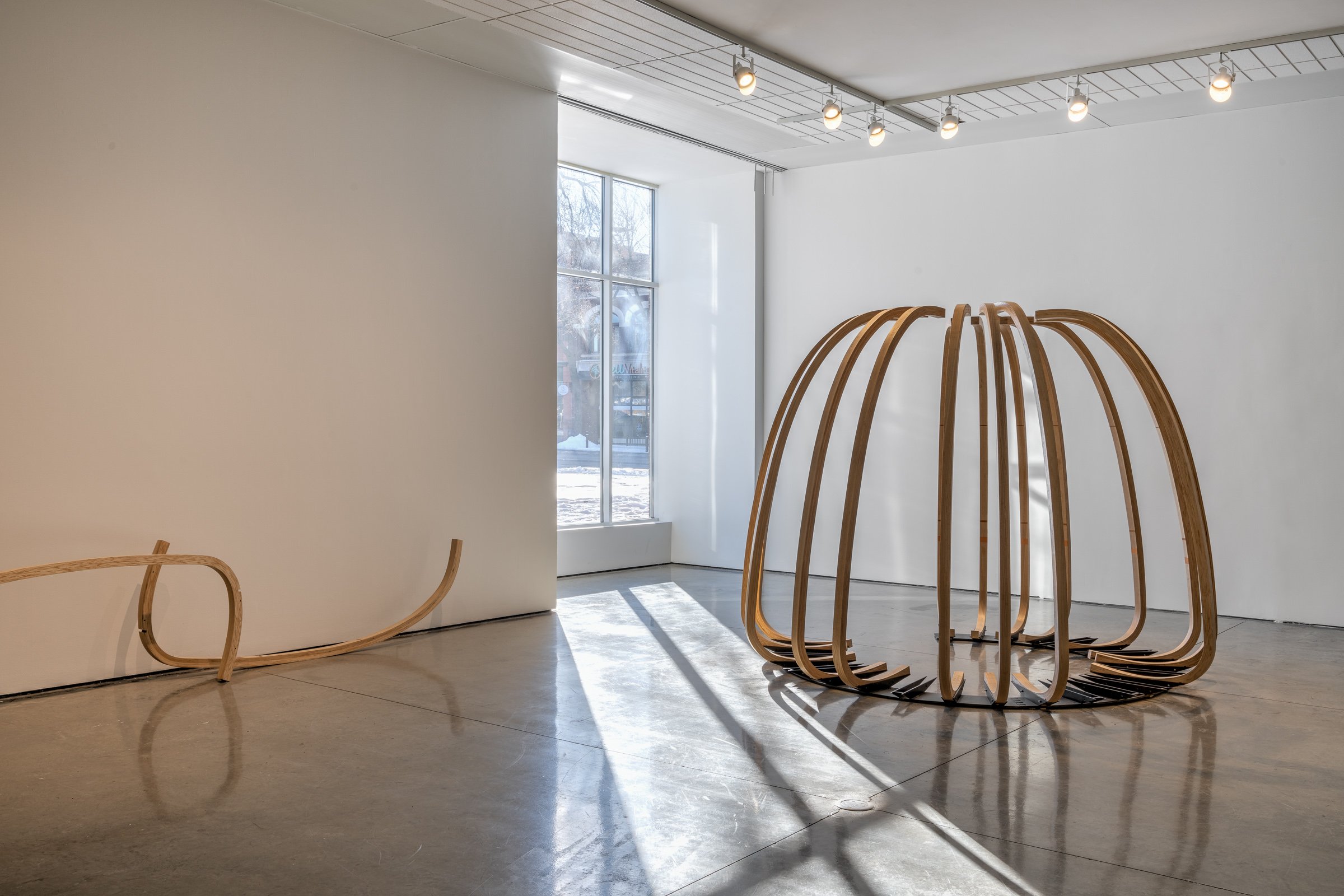  Tanya Lukin Linklater with Tiffany Shaw,  Indigenous geometries  (installation view), 2019, cold rolled steel, laminated ash, paint, matt polyurethane, hardware. Courtesy of the artists. Photo by Blaine Campbell. 