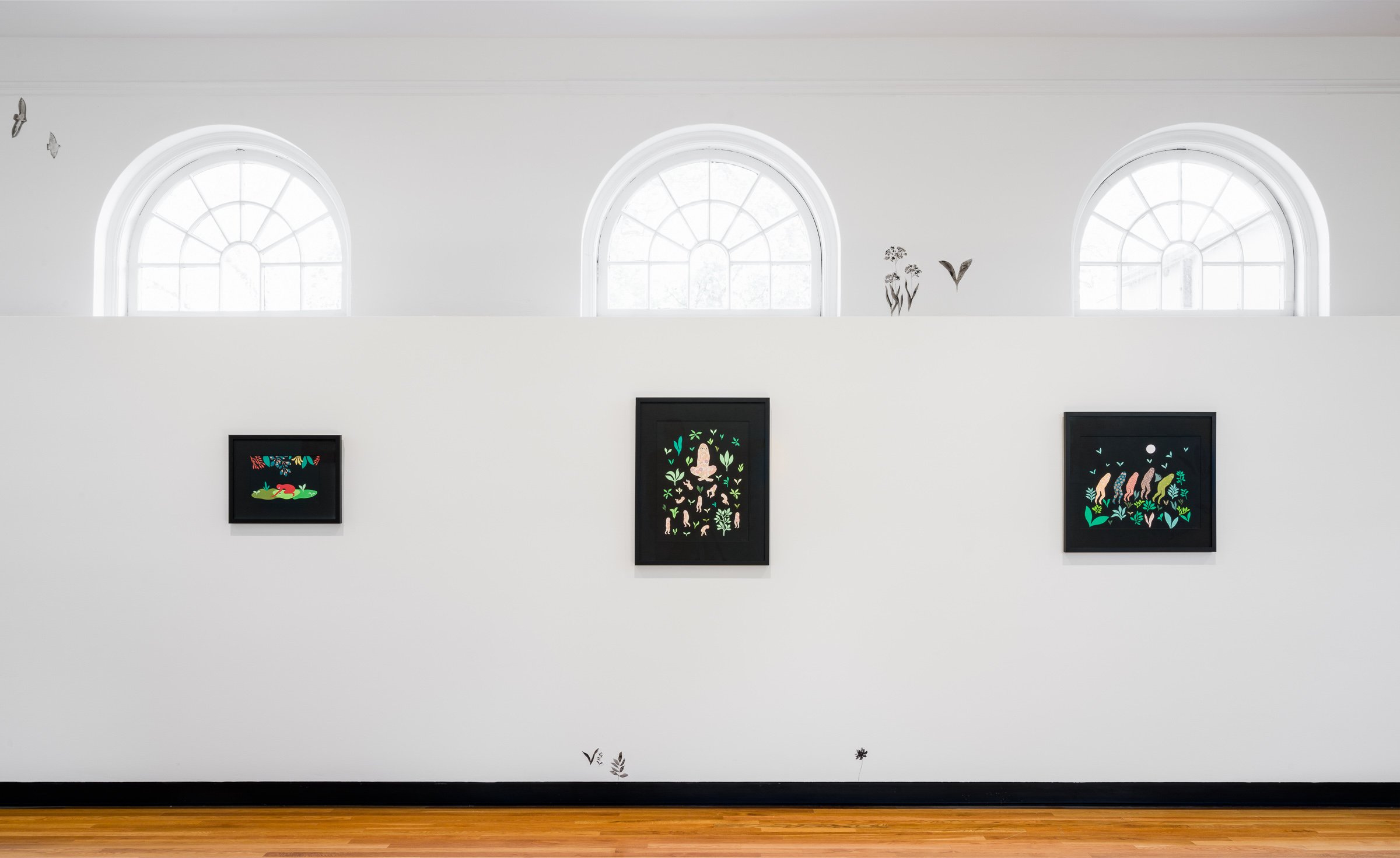  Installation view of  Gathering near and far, still  by April Matisz showing (l to r)   A Kind of Sentience,  collage on paper, 2020;  The Mother,  collage on paper, 2020; and  Night Migration 3,  collage on paper, 2020. Courtesy of the artist. Phot