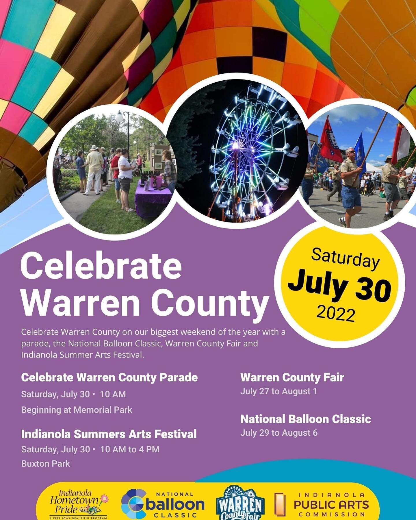 Get ready for our biggest weekend of the year! 🤩

🎡 @warrencofairia starts July 27
🎈 @thenationalballoonclassic starts July 29
🎨 Indianola Summer Art Festival and the 
🎉 Celebrate Warren County Parade are July 30!

#wanderwarrencounty #thisisiow