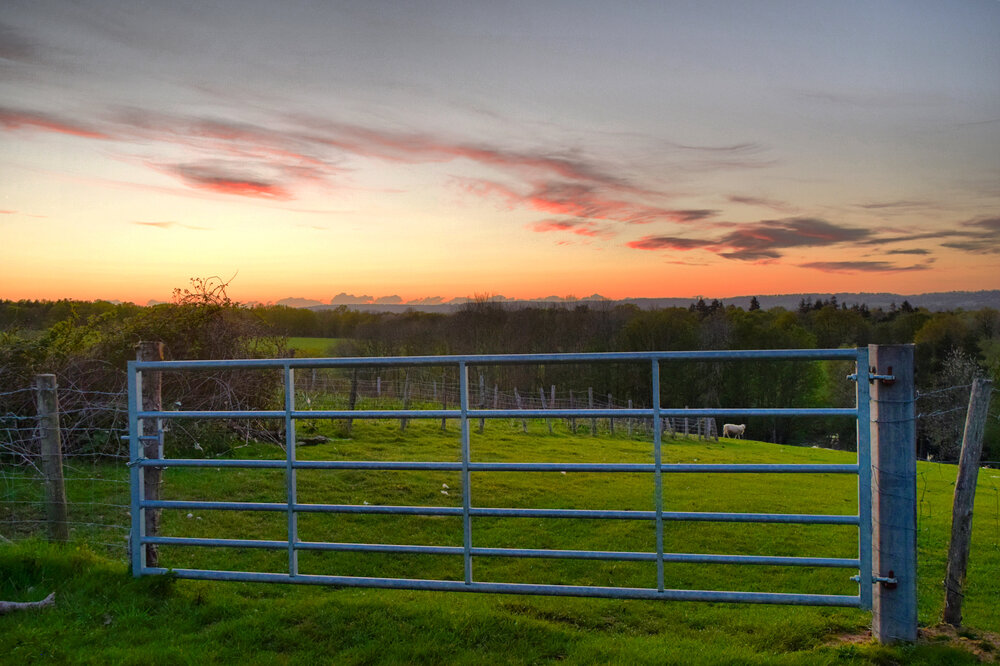 Walk Tonbridge - Walk 21 - The Milk Train - Pauls Farm- footpath- Leigh - Kent -sunset gate 2.JPG