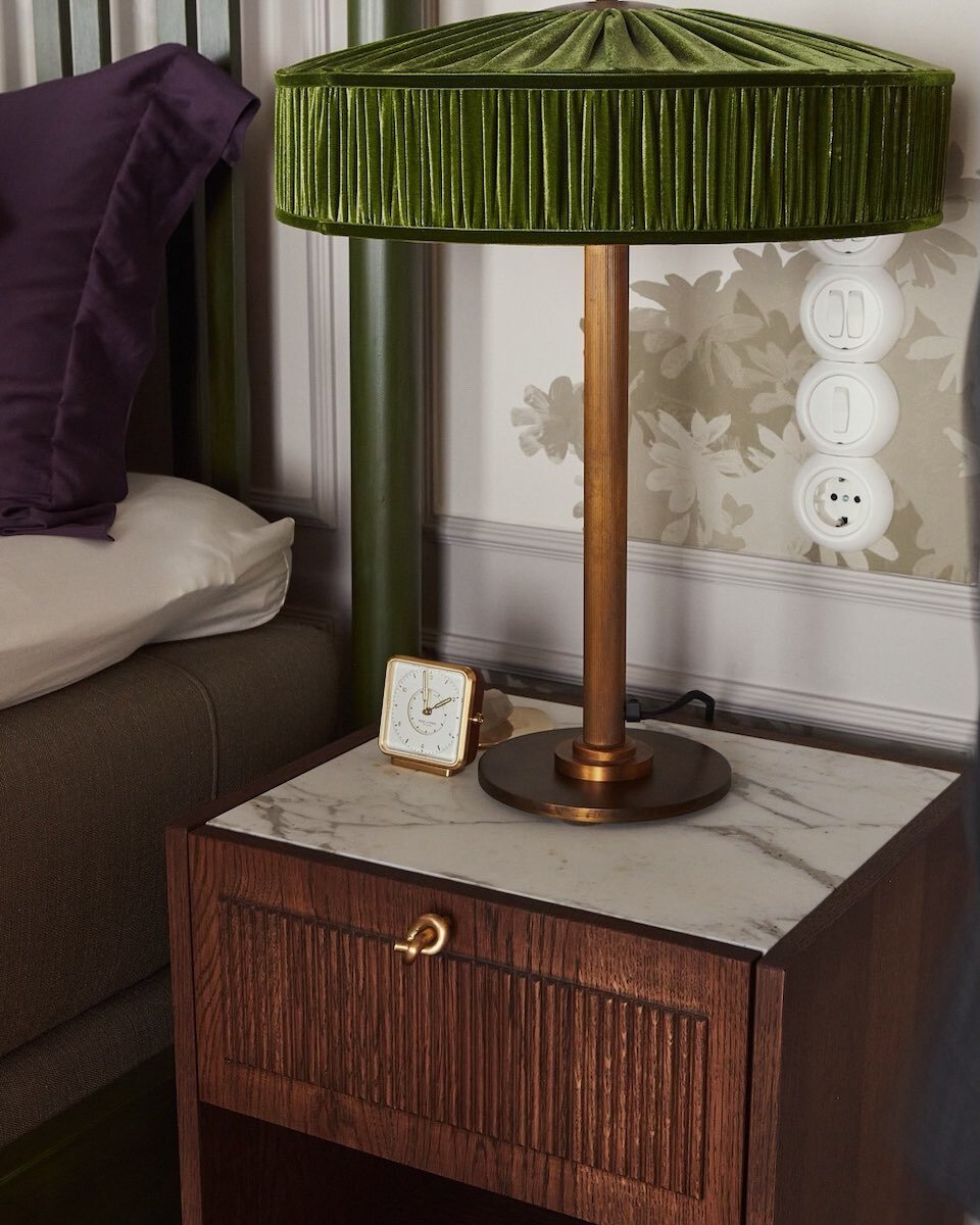 Our bedside table Moir&eacute; Frame with stone top in Arabescato.