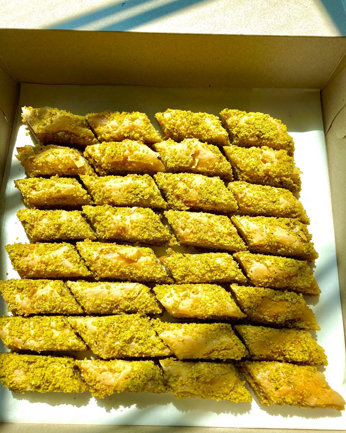 Special order of the classic pistachio baklava ready to go! Happy weekend y&rsquo;all 🥳 get yours next week at www.bintisbakery.com #baklava #mymgm