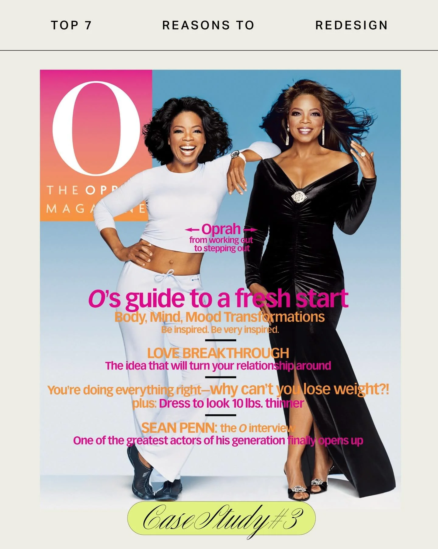 Reason #3: As your readership evolves, your magazine design should follow suit. For example, if your audience is aging, you may need larger fonts or cleaner layouts.

While each situation may vary, in the case of O, The Oprah Magazine, the launch was