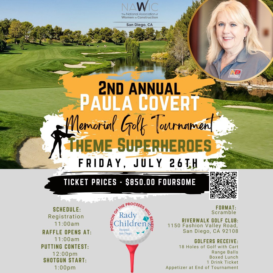 🏌&zwj;♀️ ***Remember to get your tickets****

 The 2nd Annual Paula Covert Memorial Golf Tournament is back! Join us on Friday, July 26, 2024, for a day of golf in honor of our beloved Past San Diego President and NAWIC San Diego Golf Tournament Fou