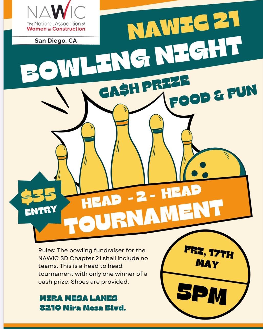 May is right around the corner and that means it&rsquo;s almost time for 🎳🎳🎳 NAWIC San Diego Chapter 21  Bowling Night!

This year&rsquo;s bowling event will be at Mira Mesa Lanes. We have 4 lanes reserved. 𝑩𝒆𝒔𝒕 𝒔𝒄𝒐𝒓𝒆 𝒐𝒇 𝒐𝒏𝒆 𝒇𝒖𝒍𝒍